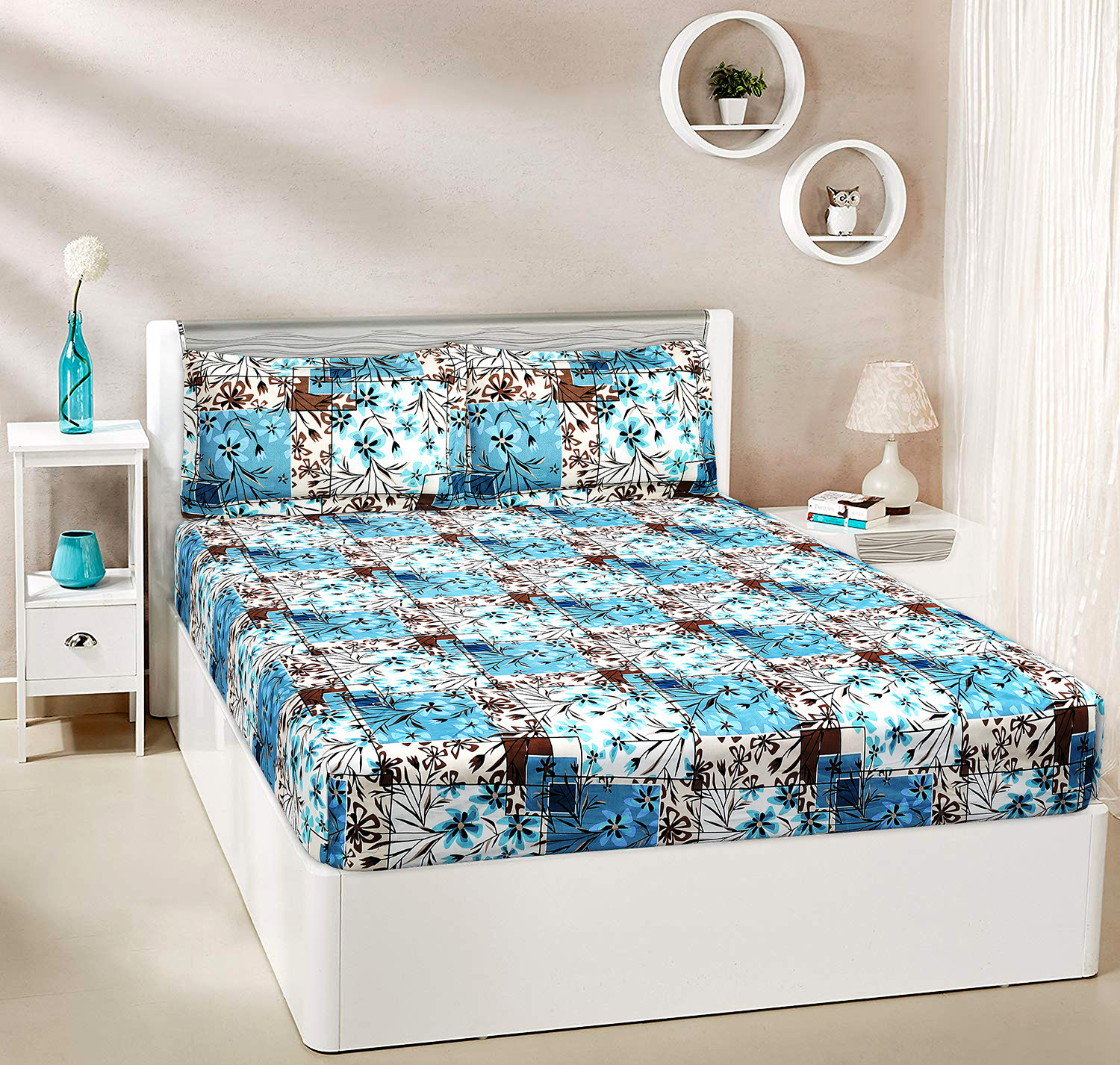 Kuber Industries Double Bedsheet with 2 Pillow Covers | 144 TC Glace Cotton Flower Check Print Bedsheet For Living Room | Bedroom | 90x100 Inch | Blue