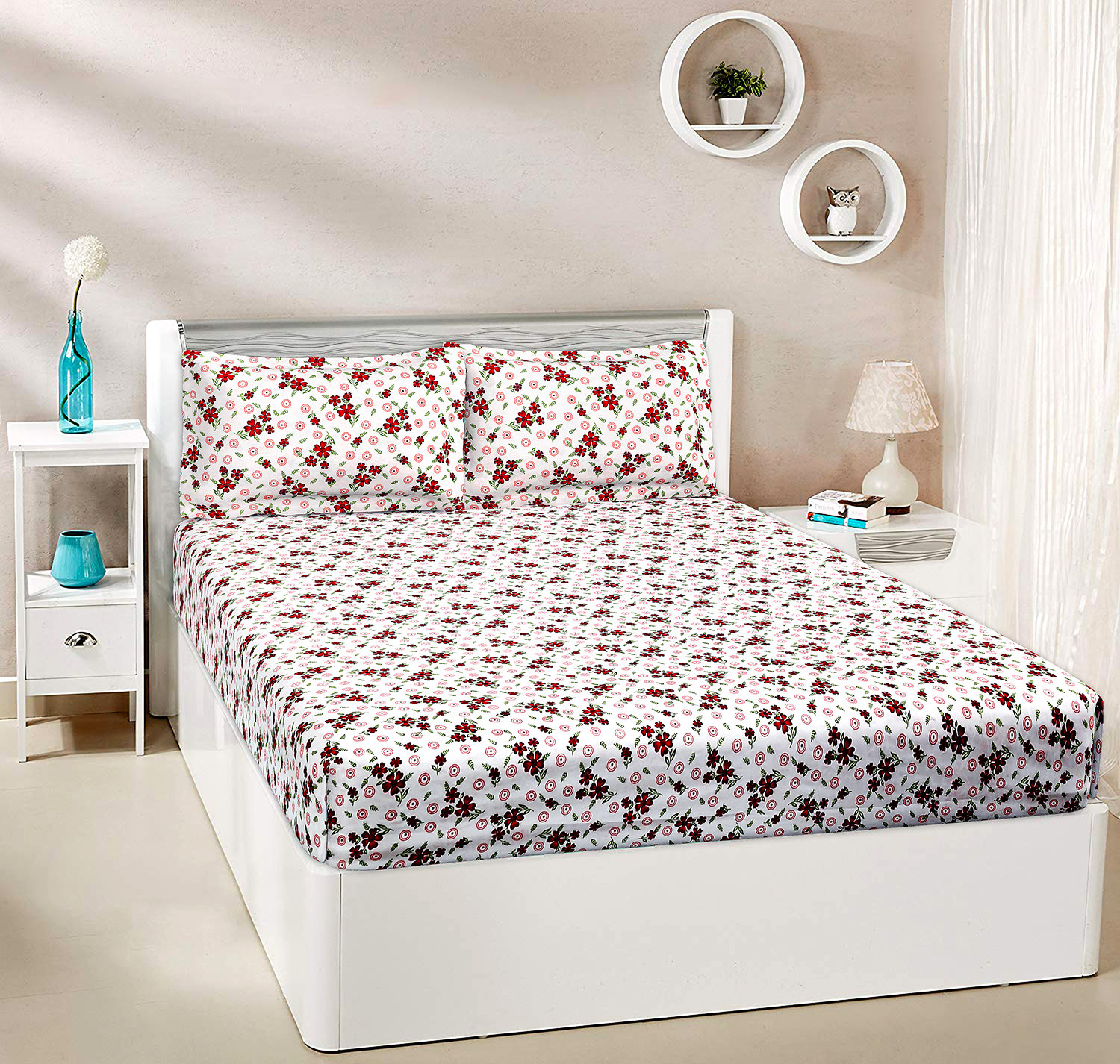 Kuber Industries Double Bedsheet with 2 Pillow Covers | 144 TC Glace Cotton Maroon Flower Print Bedsheet For Living Room | Bedroom | 90x100 Inch | Pink
