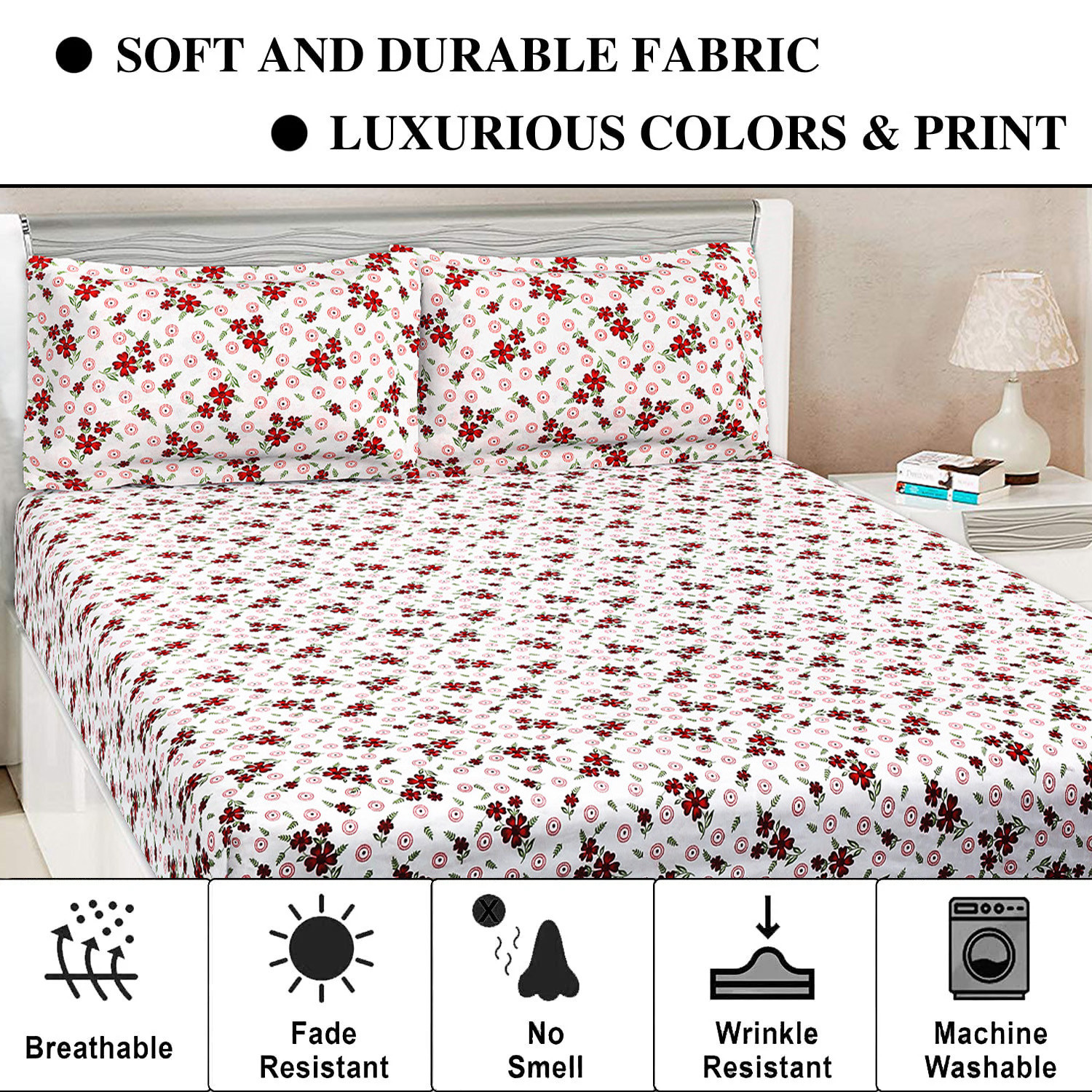 Kuber Industries Double Bedsheet with 2 Pillow Covers | 144 TC Glace Cotton Maroon Flower Print Bedsheet For Living Room | Bedroom | 90x100 Inch | Pink