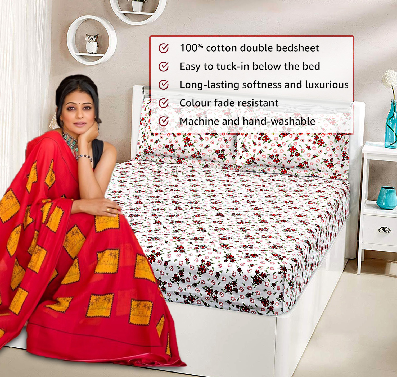 Kuber Industries Double Bedsheet with 2 Pillow Covers | 144 TC Glace Cotton Maroon Flower Print Bedsheet For Living Room | Bedroom | 90x100 Inch | Pink