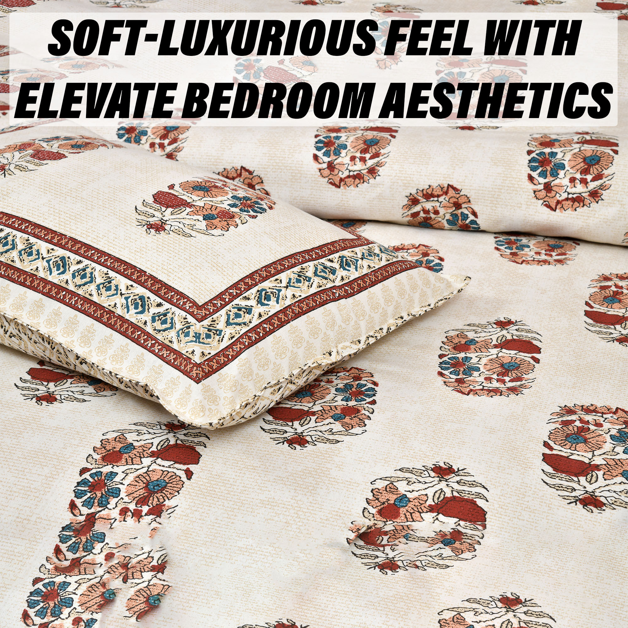 Kuber Industries Double Bedsheet with 2 Pillow Covers  160 TC Premium Cotton Bedsheet for Double Bed  Bedsheet for Living Room-Home  Hotels  Dezier Flower Boota  90x108 Inch  Cream