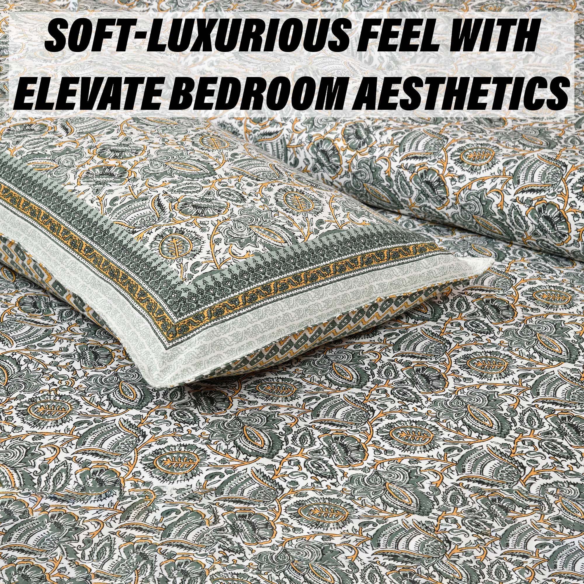 Kuber Industries Double Bedsheet with 2 Pillow Covers  160 TC Premium Cotton Bedsheet for Double Bed  Bedsheet for Living Room-Home  Hotels  Dezier Bell Print  90x108 Inch  Green