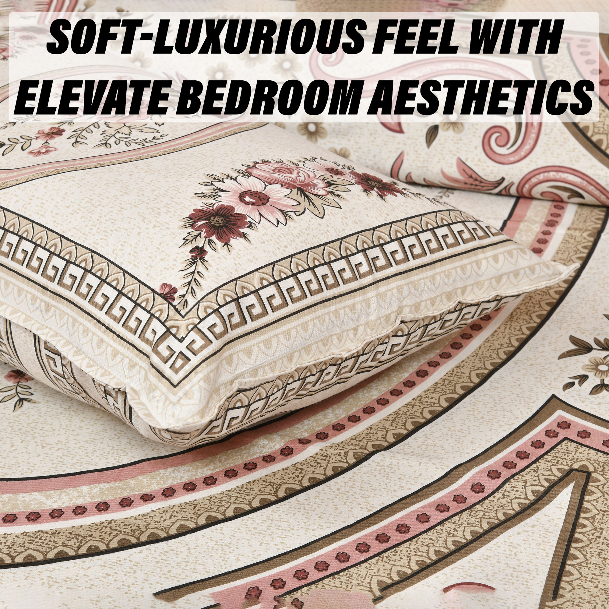 Kuber Industries Double Bedsheet with 2 Pillow Covers  160 TC Premium Cotton Bedsheet for Double Bed  Bedsheet for Living Room-Home  Hotels  Kaleen Flower  100x108 Inch  Pink