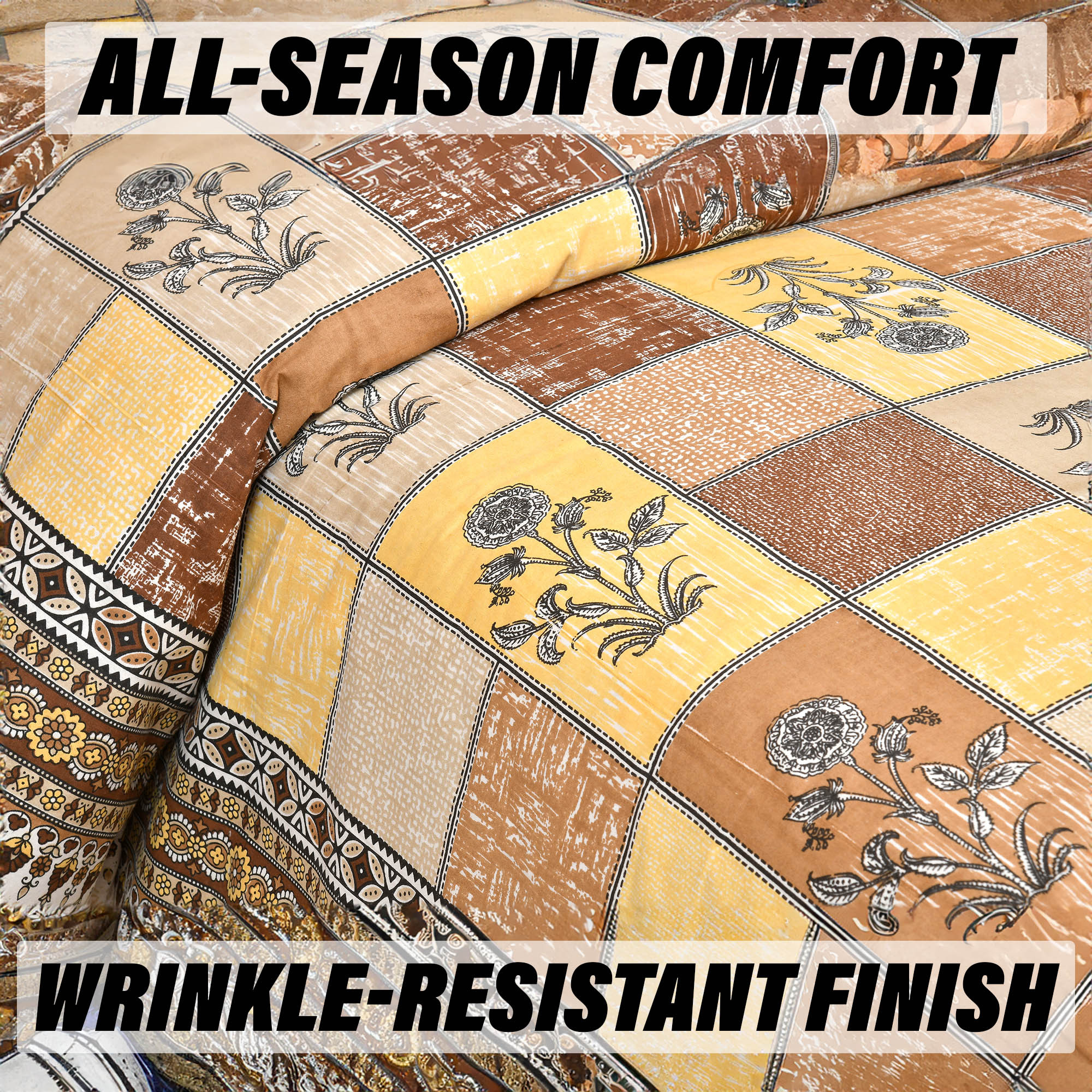 Kuber Industries Double Bedsheet with 2 Pillow Covers  160 TC Premium Cotton Bedsheet for Double Bed  Bedsheet for Living Room-Home  Hotels  Candy Flower  100x108 Inch  Brown  Yellow