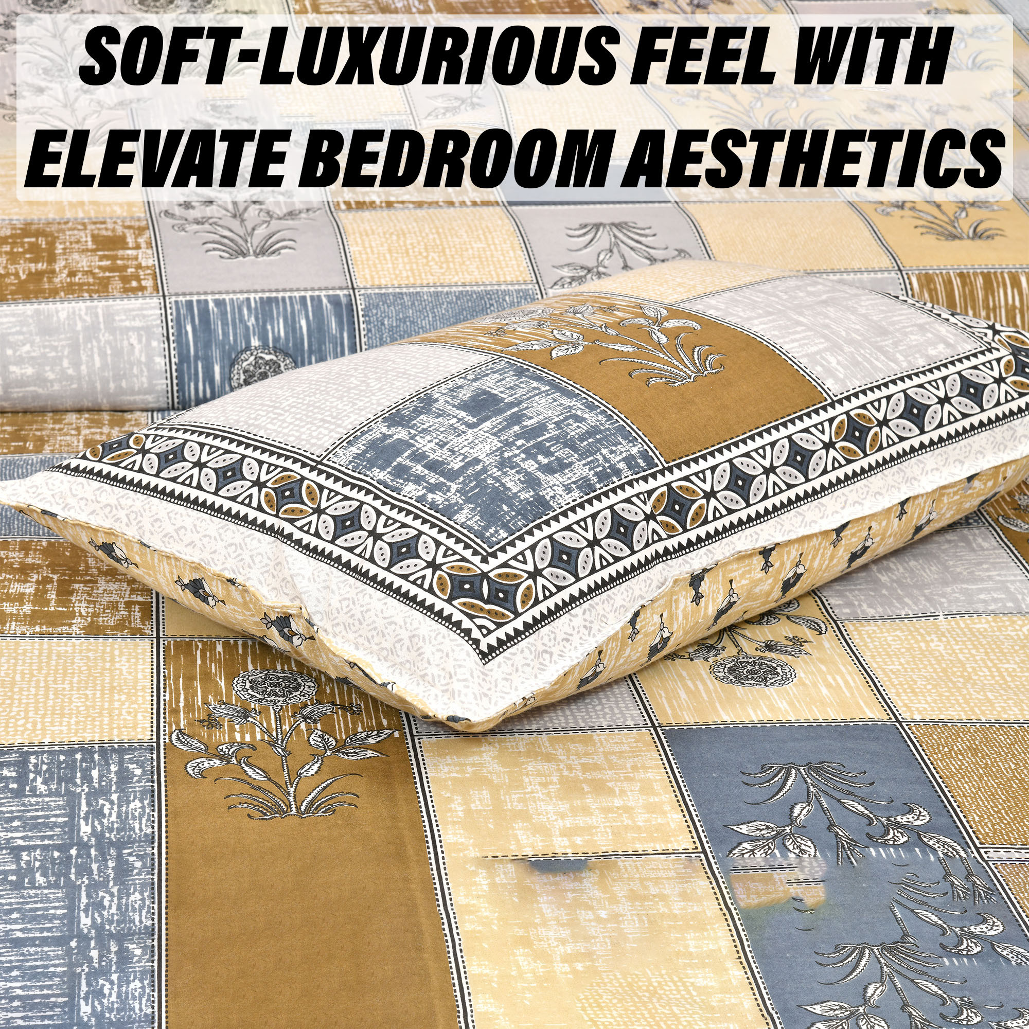 Kuber Industries Double Bedsheet with 2 Pillow Covers  160 TC Premium Cotton Bedsheet for Double Bed  Bedsheet for Living Room-Home  Hotels  Candy Flower  100x108 Inch  Gray  Yellow