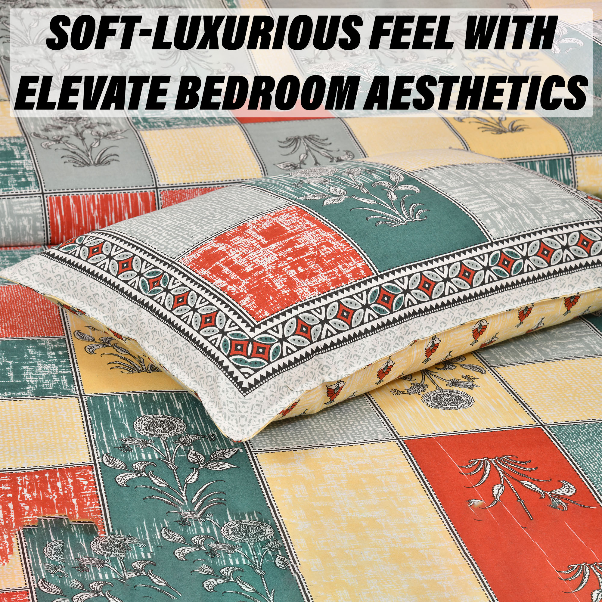 Kuber Industries Double Bedsheet with 2 Pillow Covers  160 TC Premium Cotton Bedsheet for Double Bed  Bedsheet for Living Room-Home  Hotels  Candy Flower  100x108 Inch  Green  Yellow