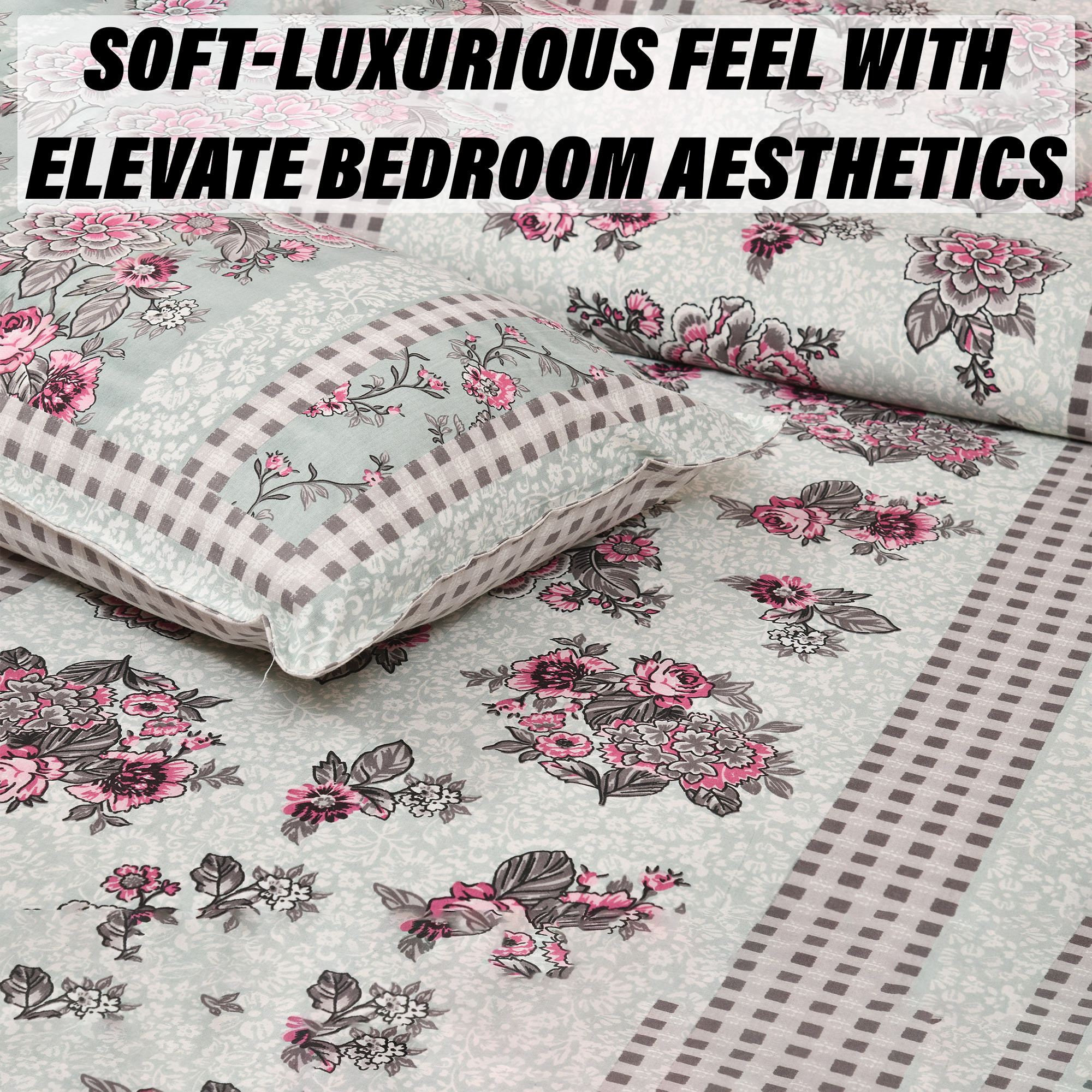 Kuber Industries Double Bedsheet with 2 Pillow Covers  160 TC Premium Cotton Bedsheet for Double Bed  Bedsheet for Living Room-Home  Hotels  Spain Flower Lining  100x108 Inch  Green