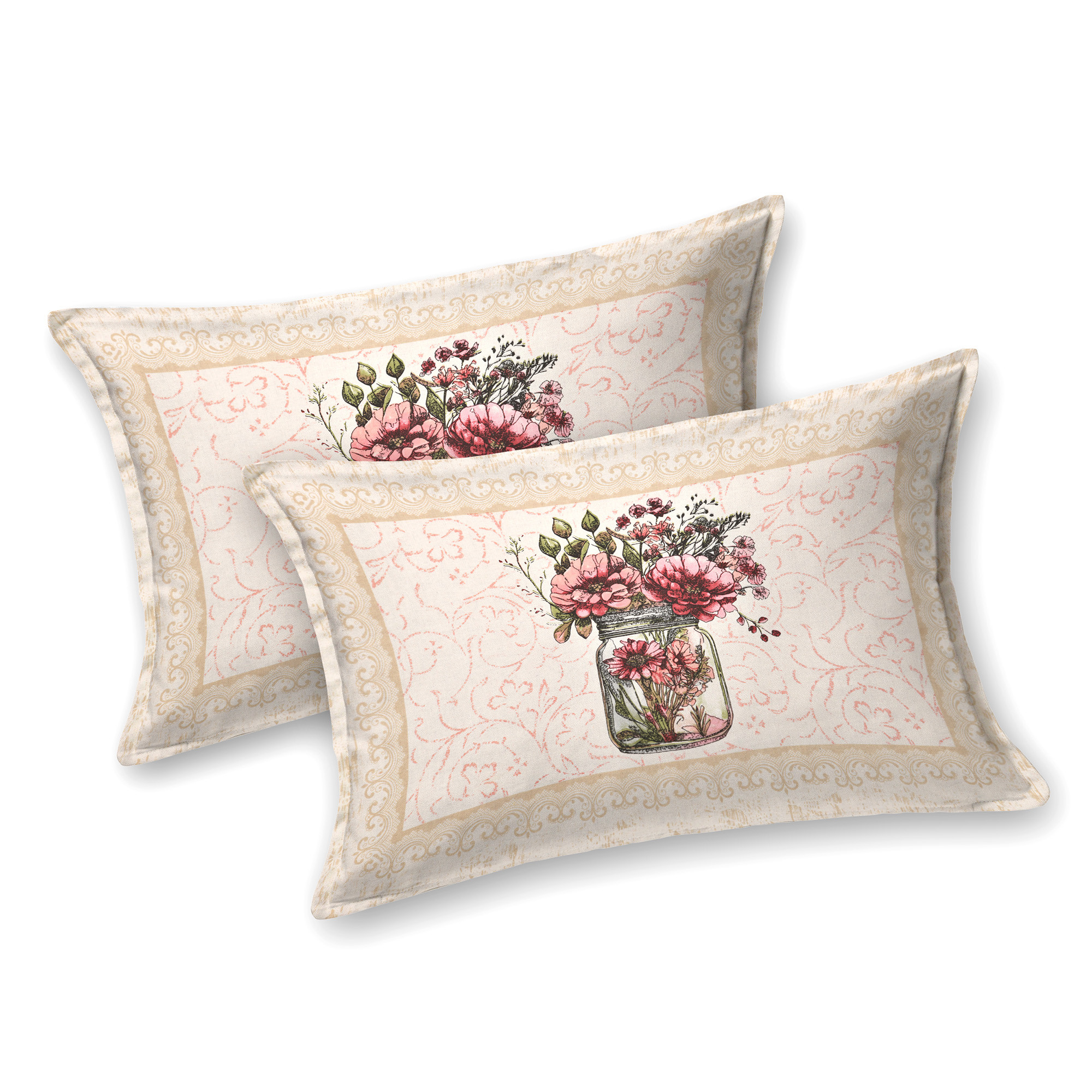 Kuber Industries Double Bedsheet with 2 Pillow Covers  160 TC Premium Cotton Bedsheet for Double Bed  Bedsheet for Living Room-Home  Hotels  Photo Frame Flower Pot  100x108 Inch  Cream