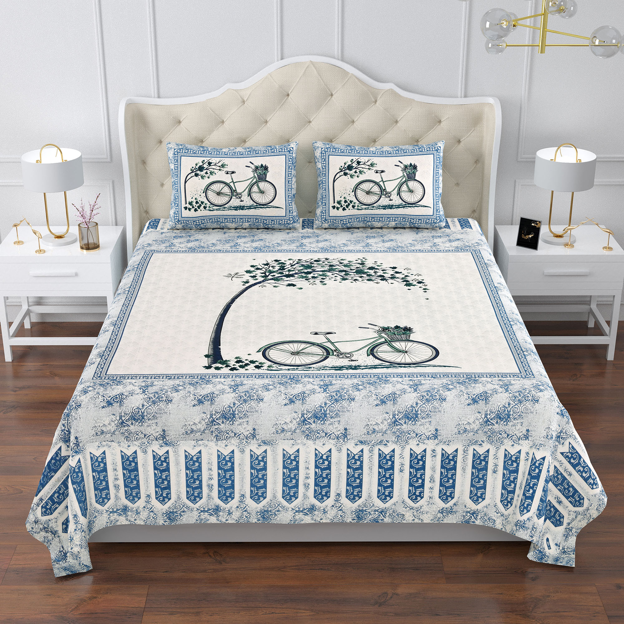 Kuber Industries Double Bedsheet with 2 Pillow Covers | 160 TC Premium Cotton Bedsheet for Double Bed | Bedsheet for Living Room-Home & Hotels | Photo Frame Cycle | 100x108 Inch | Blue
