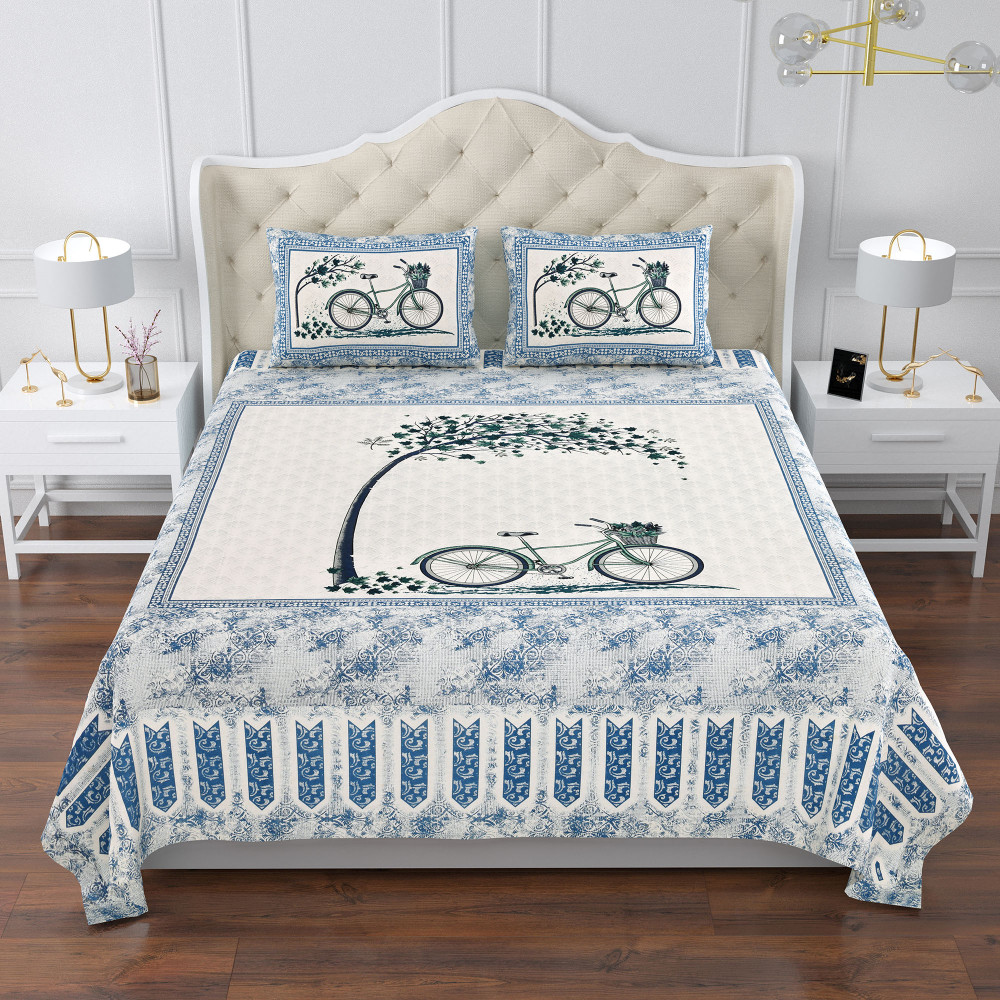 Kuber Industries Double Bedsheet with 2 Pillow Covers | 160 TC Premium Cotton Bedsheet for Double Bed | Bedsheet for Living Room-Home &amp; Hotels | Photo Frame Cycle | 100x108 Inch | Blue