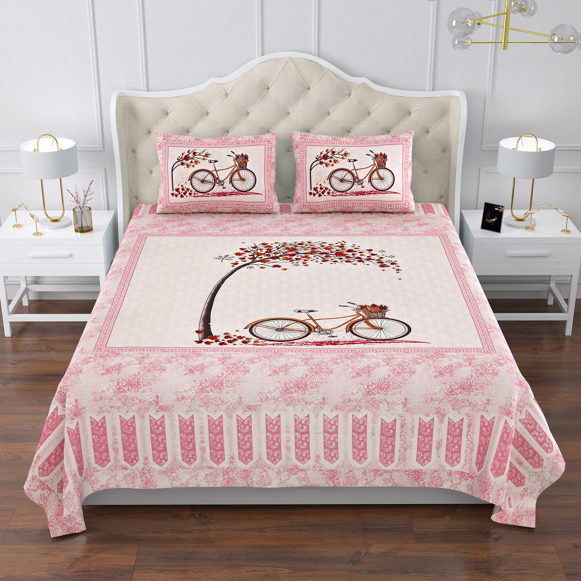 Kuber Industries Double Bedsheet with 2 Pillow Covers | 160 TC Premium Cotton Bedsheet for Double Bed | Bedsheet for Living Room-Home & Hotels | Photo Frame Cycle | 100x108 Inch | Pink