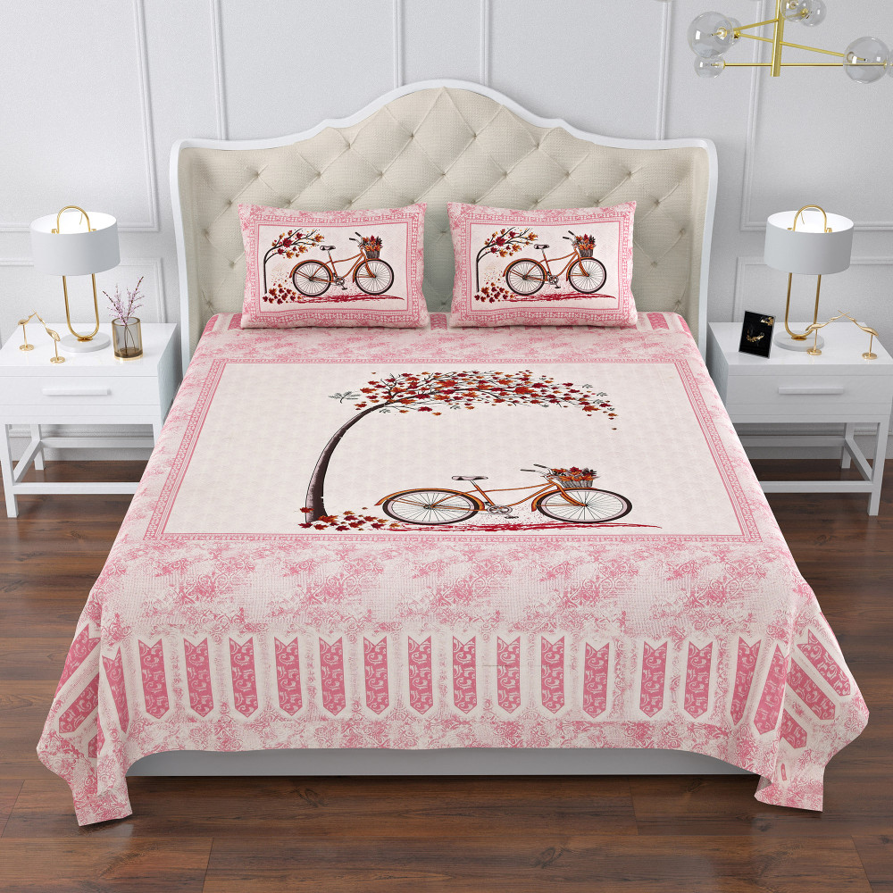 Kuber Industries Double Bedsheet with 2 Pillow Covers | 160 TC Premium Cotton Bedsheet for Double Bed | Bedsheet for Living Room-Home &amp; Hotels | Photo Frame Cycle | 100x108 Inch | Pink