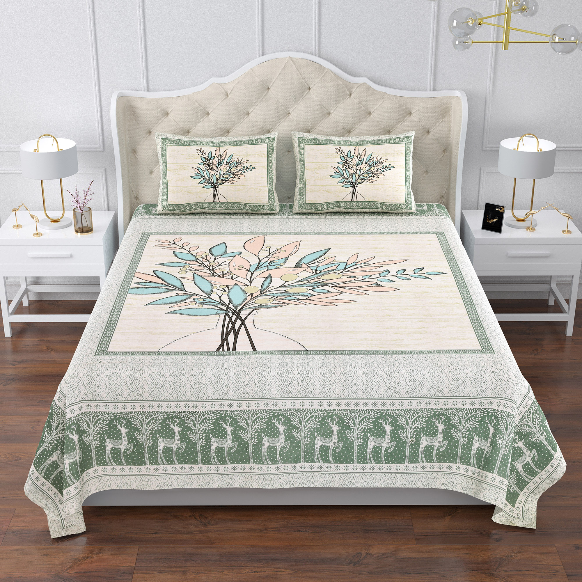 Kuber Industries Double Bedsheet with 2 Pillow Covers | 160 TC Premium Cotton Bedsheet for Double Bed | Bedsheet for Living Room-Home & Hotels | Photo Frame Tree | 100x108 Inch | Green