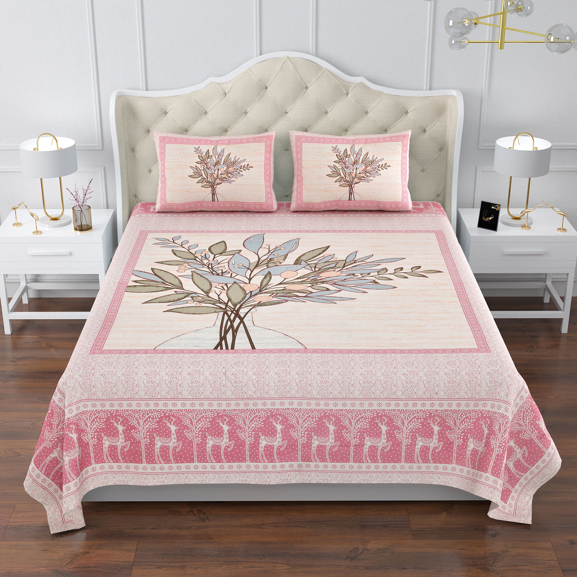 Kuber Industries Double Bedsheet with 2 Pillow Covers | 160 TC Premium Cotton Bedsheet for Double Bed | Bedsheet for Living Room-Home & Hotels | Photo Frame Tree | 100x108 Inch | Pink