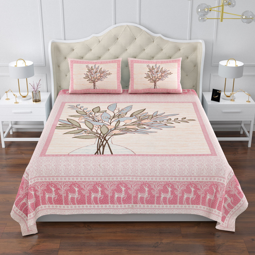 Kuber Industries Double Bedsheet with 2 Pillow Covers | 160 TC Premium Cotton Bedsheet for Double Bed | Bedsheet for Living Room-Home &amp; Hotels | Photo Frame Tree | 100x108 Inch | Pink