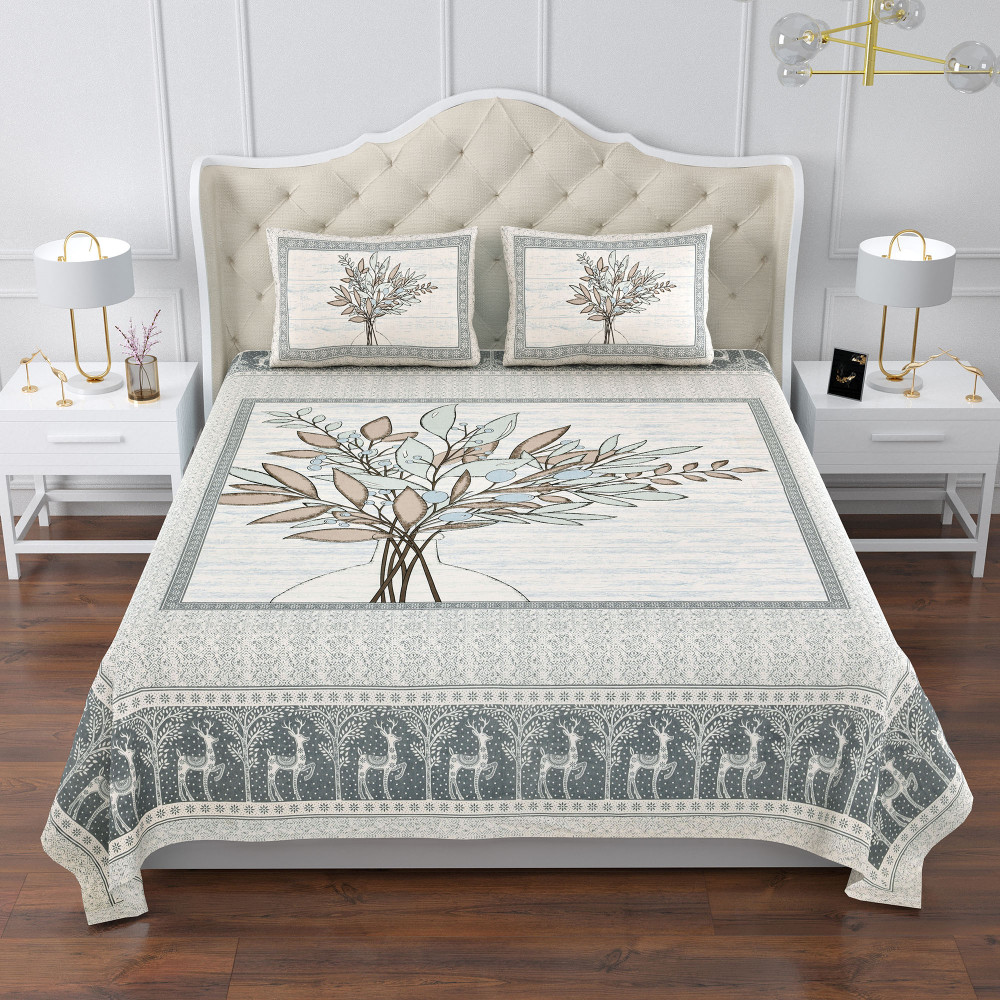 Kuber Industries Double Bedsheet with 2 Pillow Covers | 160 TC Premium Cotton Bedsheet for Double Bed | Bedsheet for Living Room-Home &amp; Hotels | Photo Frame Tree | 100x108 Inch | Blue