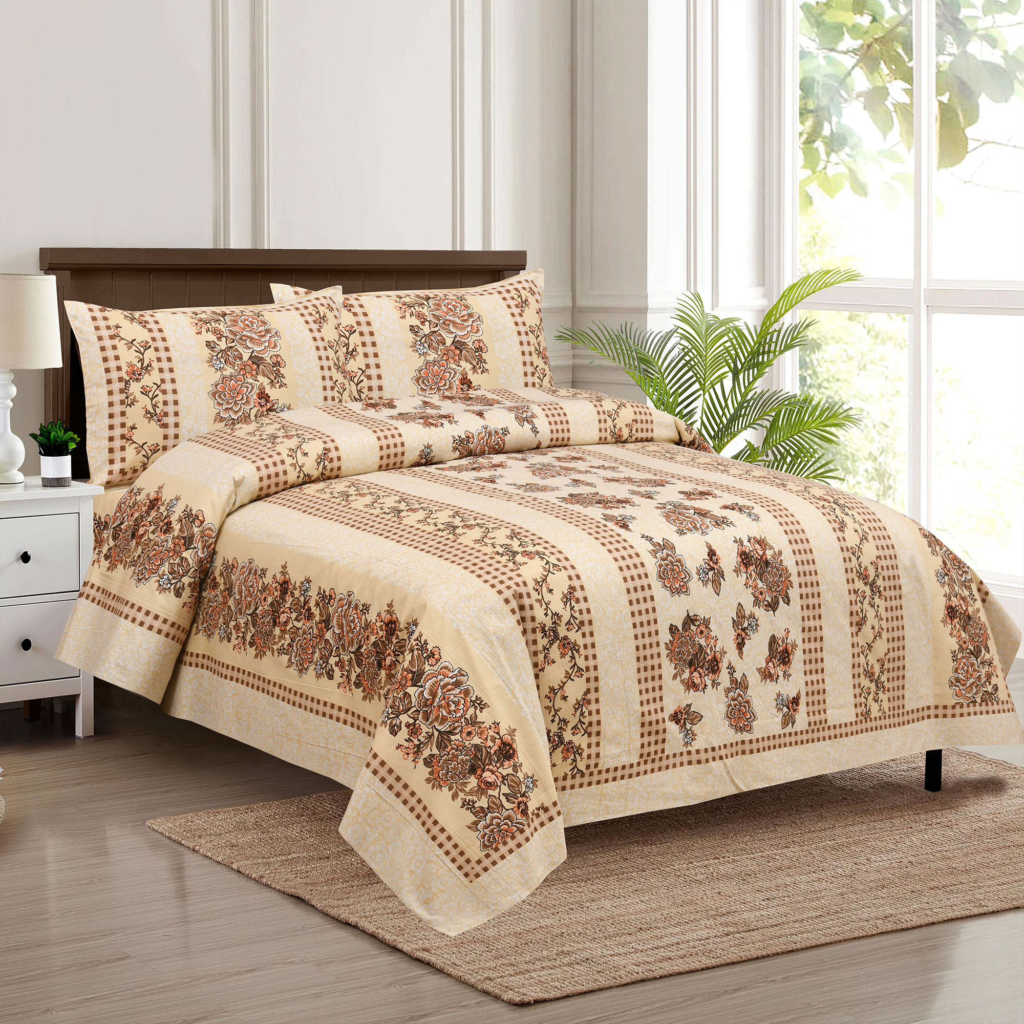 Kuber Industries Double Bedsheet with 2 Pillow Covers | 160 TC Premium Cotton Bedsheet for Double Bed | Bedsheet for Living Room-Home & Hotels | Spain Flower Lining | 100x108 Inch | Cream