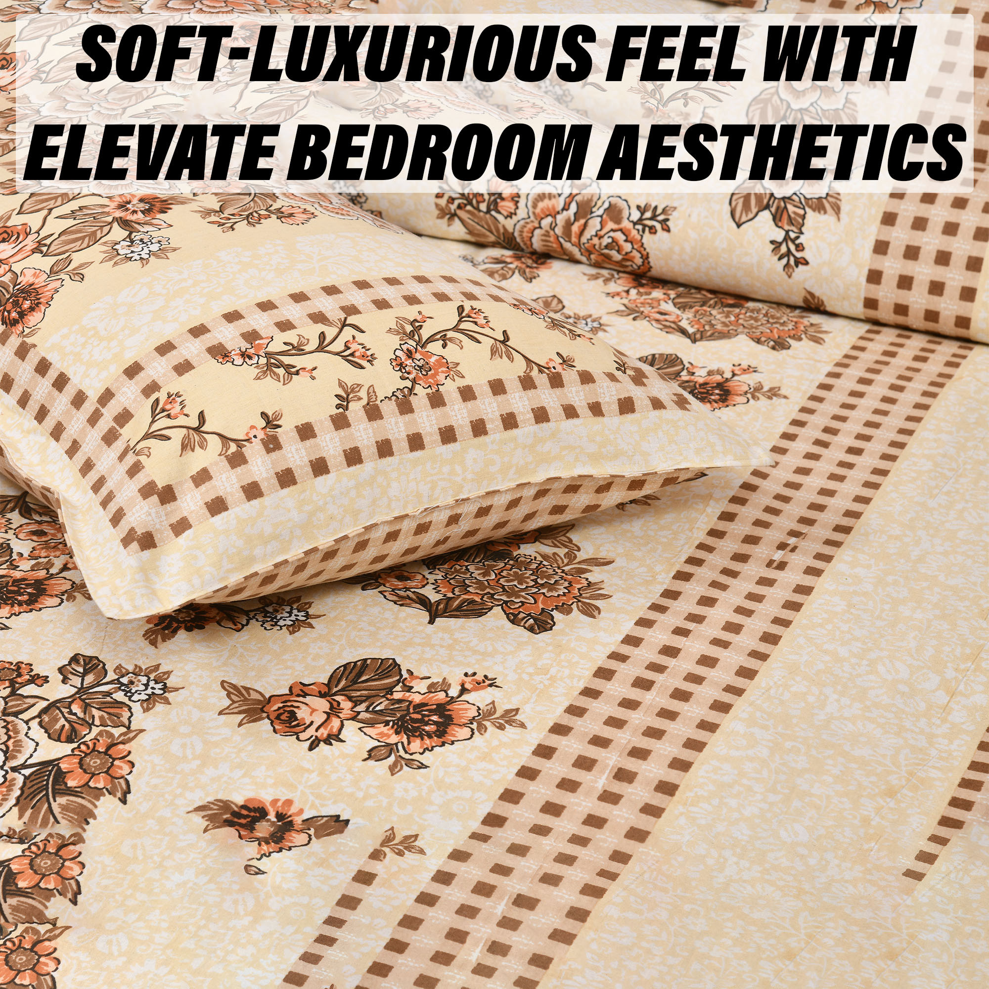 Kuber Industries Double Bedsheet with 2 Pillow Covers | 160 TC Premium Cotton Bedsheet for Double Bed | Bedsheet for Living Room-Home & Hotels | Spain Flower Lining | 100x108 Inch | Cream