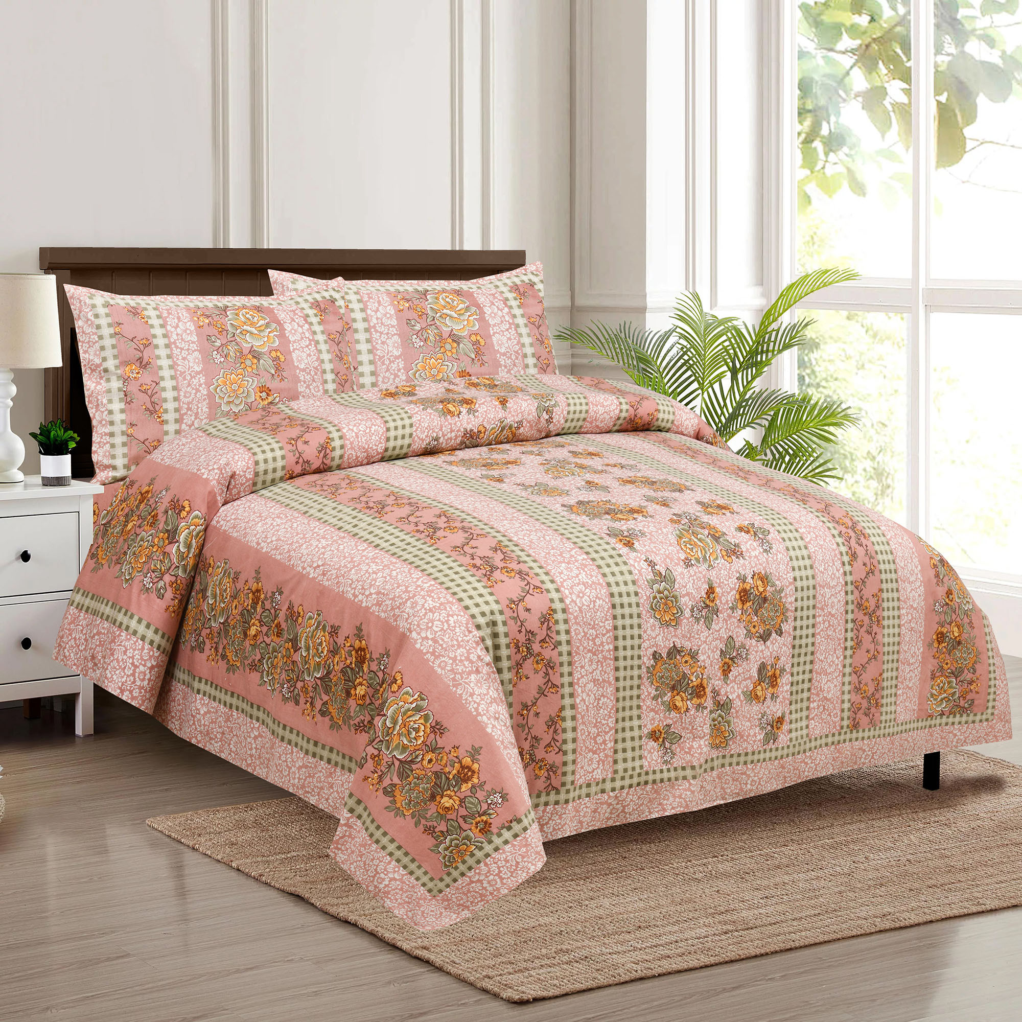 Kuber Industries Double Bedsheet with 2 Pillow Covers | 160 TC Premium Cotton Bedsheet for Double Bed | Bedsheet for Living Room-Home & Hotels | Spain Flower Lining | 100x108 Inch | Pink