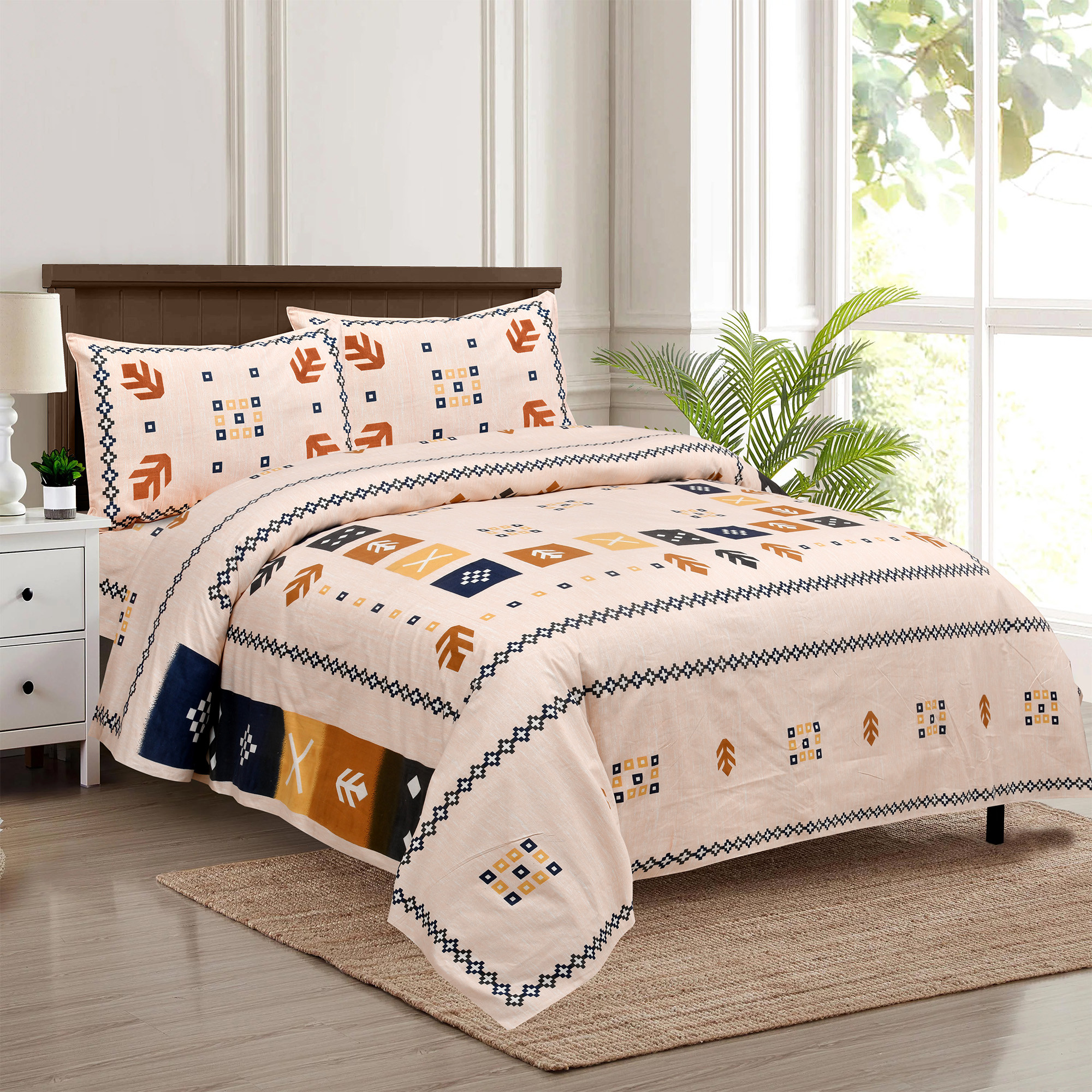 Kuber Industries Double Bedsheet with 2 Pillow Covers | 160 TC Premium Cotton Bedsheet for Double Bed | Bedsheet for Living Room-Home & Hotels | Rusty Plus Border | 100x108 Inch | Peach