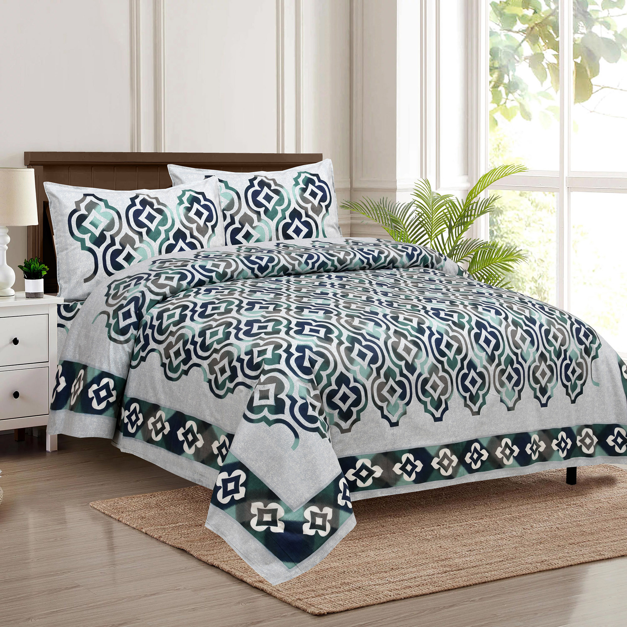 Kuber Industries Double Bedsheet with 2 Pillow Covers | 160 TC Premium Cotton Bedsheet for Double Bed | Bedsheet for Living Room-Home & Hotels | Rusty Star Flower | 100x108 Inch | Green