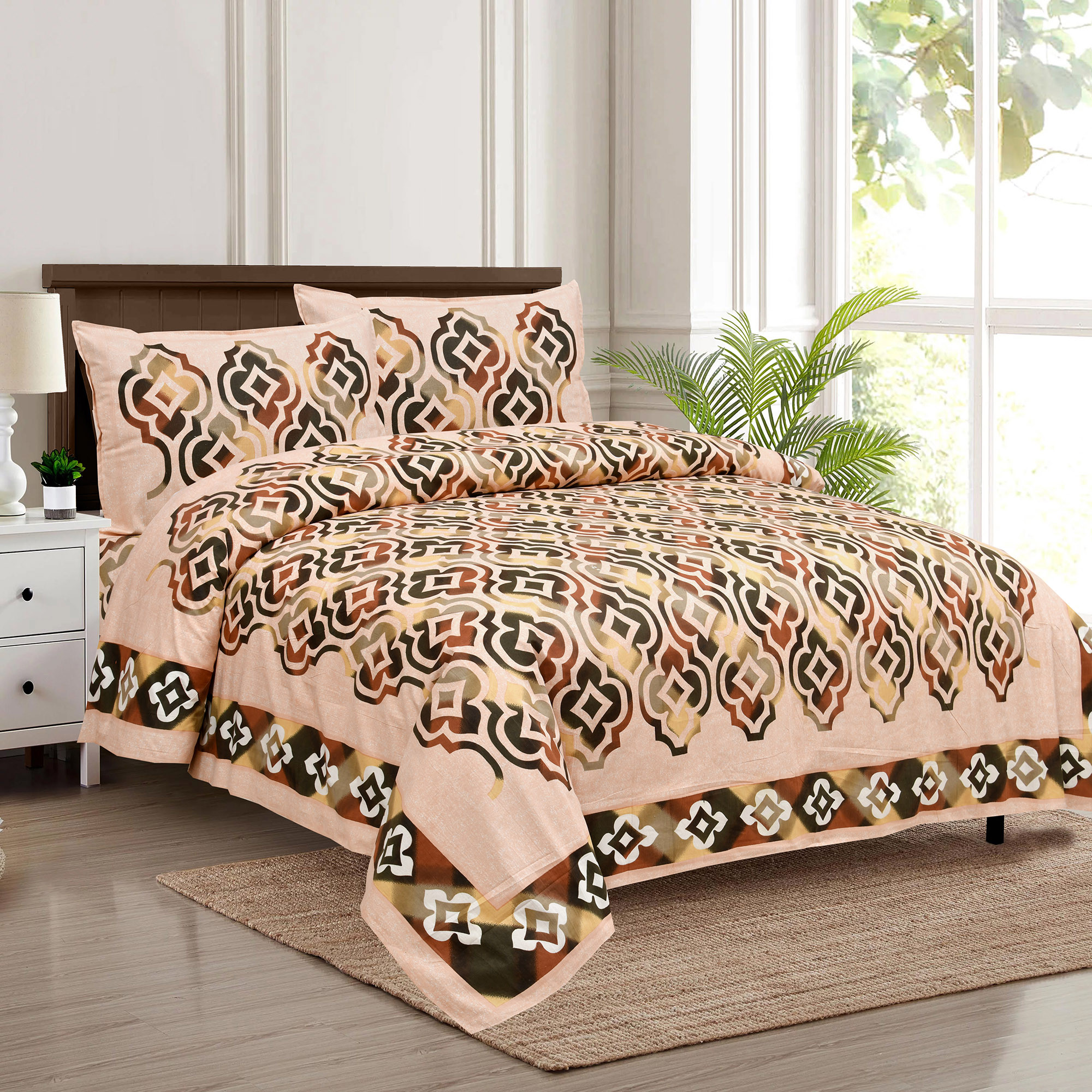 Kuber Industries Double Bedsheet with 2 Pillow Covers | 160 TC Premium Cotton Bedsheet for Double Bed | Bedsheet for Living Room-Home & Hotels | Rusty Star Flower | 100x108 Inch | Peach