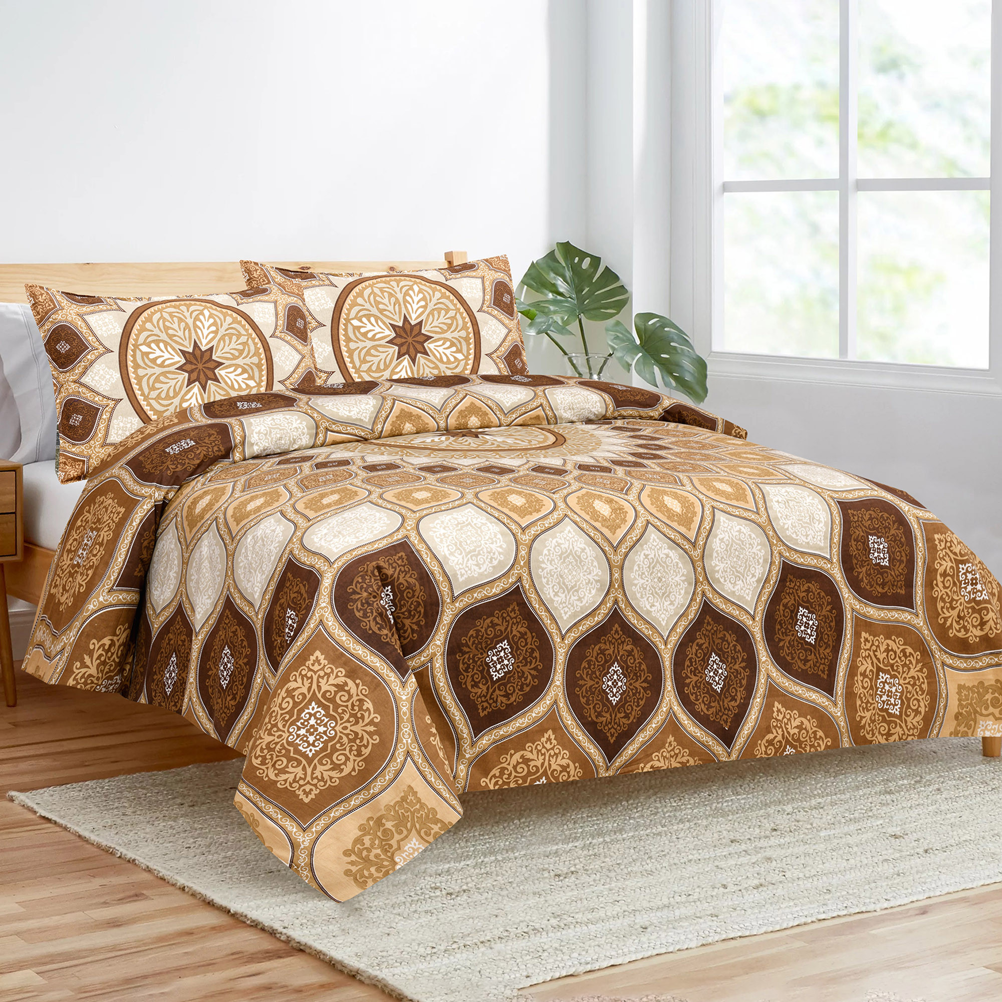 Kuber Industries Double Bedsheet with 2 Pillow Covers | 160 TC Premium Cotton Bedsheet for Double Bed | Bedsheet for Living Room-Home & Hotels | Kaleen Leaf Flower | 100x108 Inch | Brown