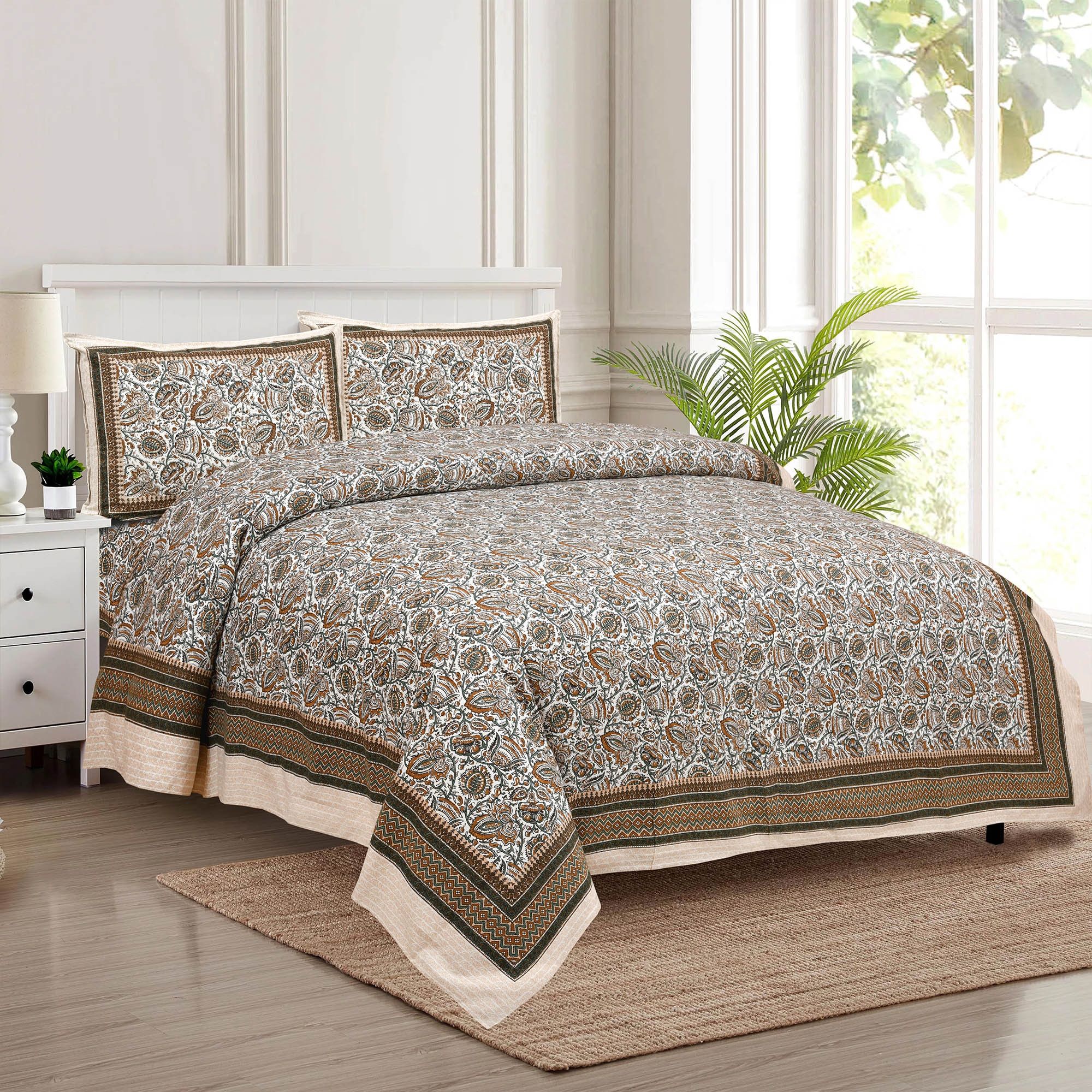 Kuber Industries Double Bedsheet with 2 Pillow Covers | 160 TC Premium Cotton Bedsheet for Double Bed | Bedsheet for Living Room-Home & Hotels | Dezier Bell Print | 90x108 Inch | Beige