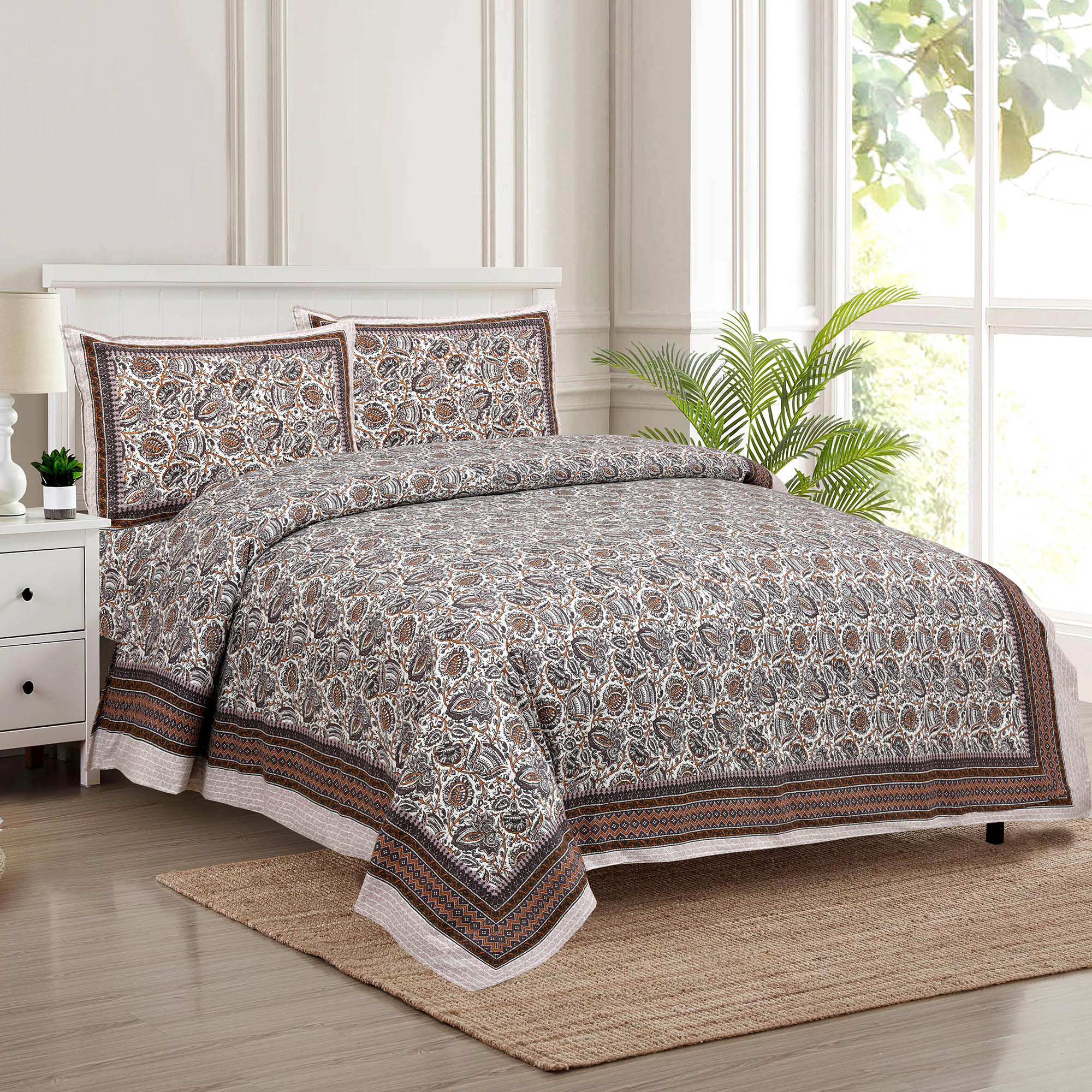 Kuber Industries Double Bedsheet with 2 Pillow Covers | 160 TC Premium Cotton Bedsheet for Double Bed | Bedsheet for Living Room-Home & Hotels | Dezier Bell Print | 90x108 Inch | Purple