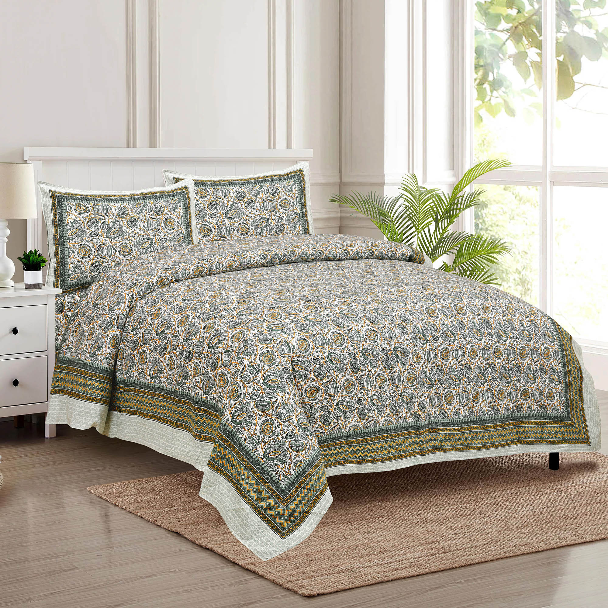 Kuber Industries Double Bedsheet with 2 Pillow Covers | 160 TC Premium Cotton Bedsheet for Double Bed | Bedsheet for Living Room-Home & Hotels | Dezier Bell Print | 90x108 Inch | Green