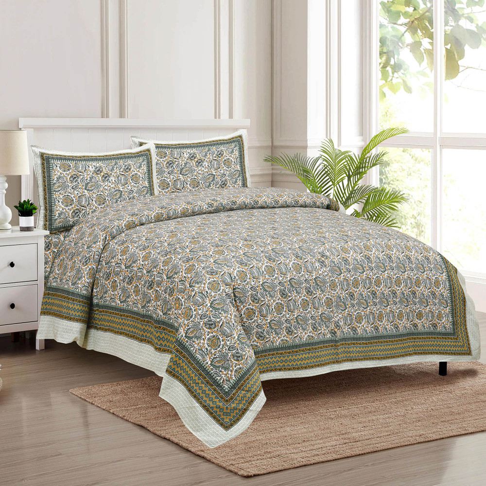 Kuber Industries Double Bedsheet with 2 Pillow Covers | 160 TC Premium Cotton Bedsheet for Double Bed | Bedsheet for Living Room-Home &amp; Hotels | Dezier Bell Print | 90x108 Inch | Green