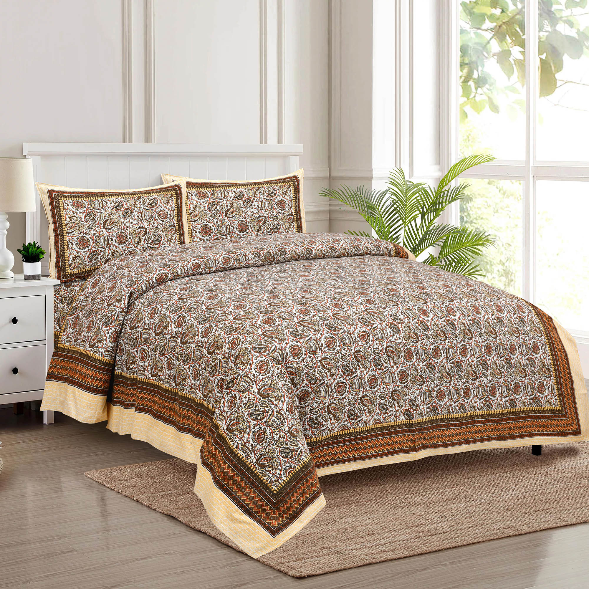 Kuber Industries Double Bedsheet with 2 Pillow Covers | 160 TC Premium Cotton Bedsheet for Double Bed | Bedsheet for Living Room-Home & Hotels | Dezier Bell Print | 90x108 Inch | Cream