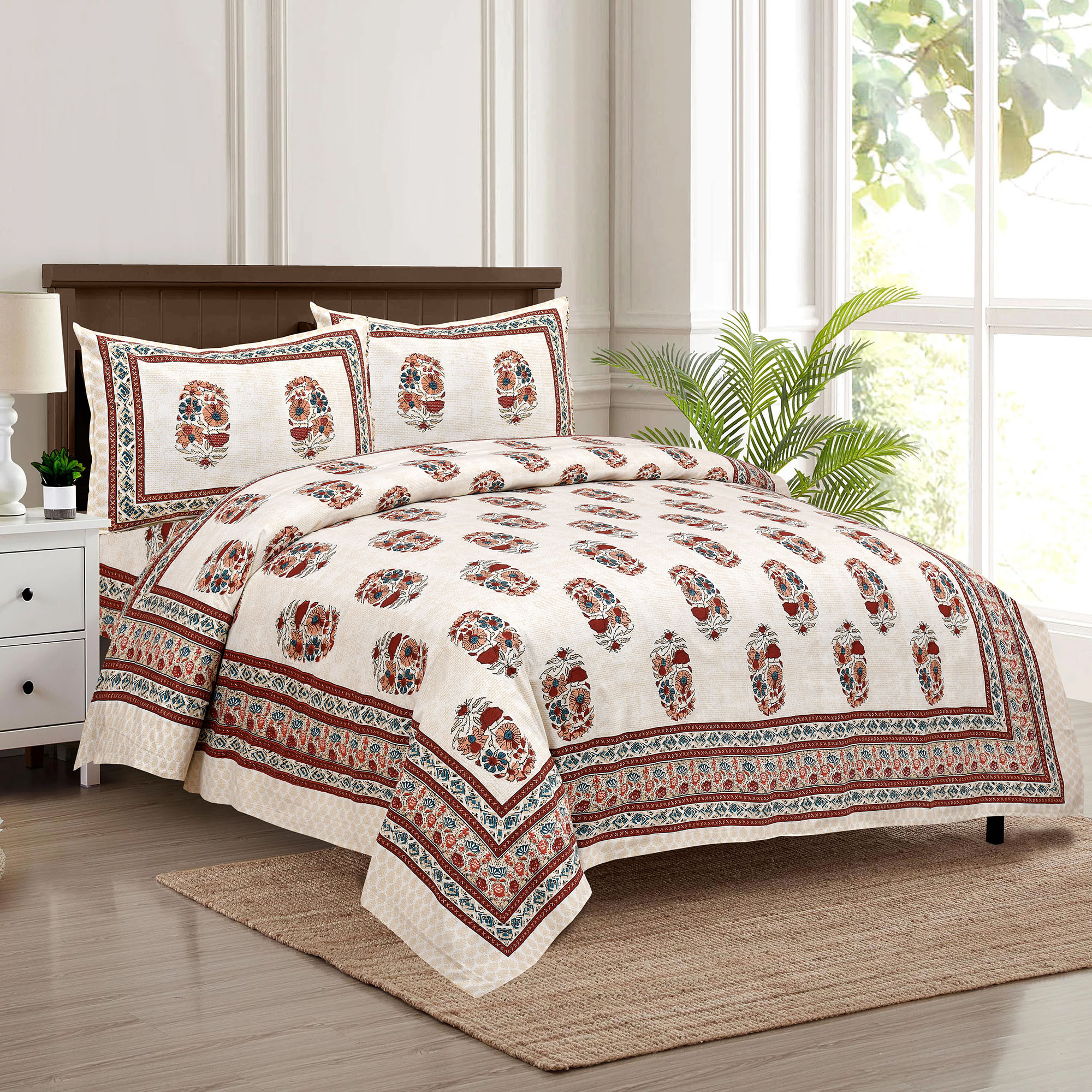 Kuber Industries Double Bedsheet with 2 Pillow Covers | 160 TC Premium Cotton Bedsheet for Double Bed | Bedsheet for Living Room-Home & Hotels | Dezier Flower Boota | 90x108 Inch | Cream