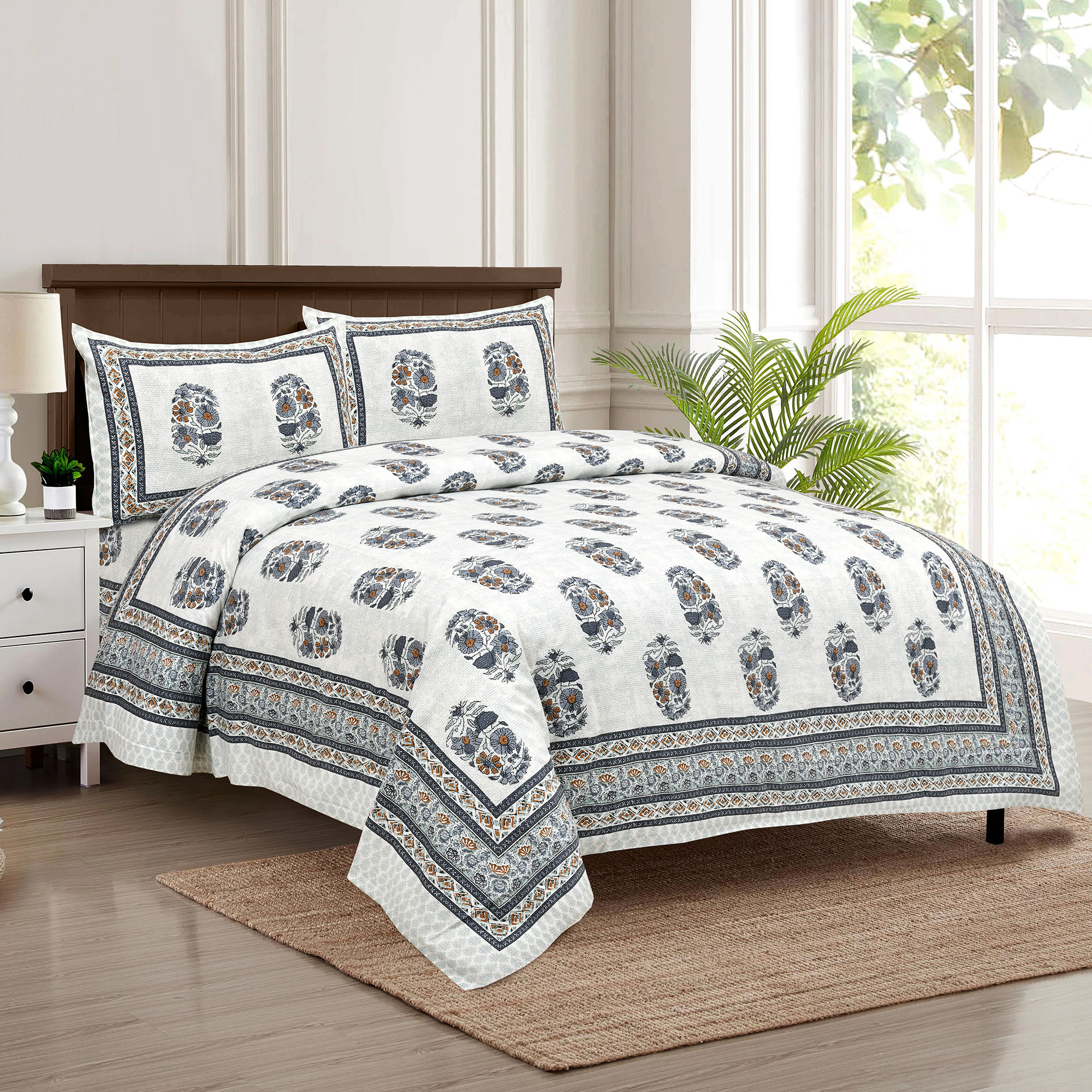 Kuber Industries Double Bedsheet with 2 Pillow Covers | 160 TC Premium Cotton Bedsheet for Double Bed | Bedsheet for Living Room-Home & Hotels | Dezier Flower Boota | 90x108 Inch | Blue