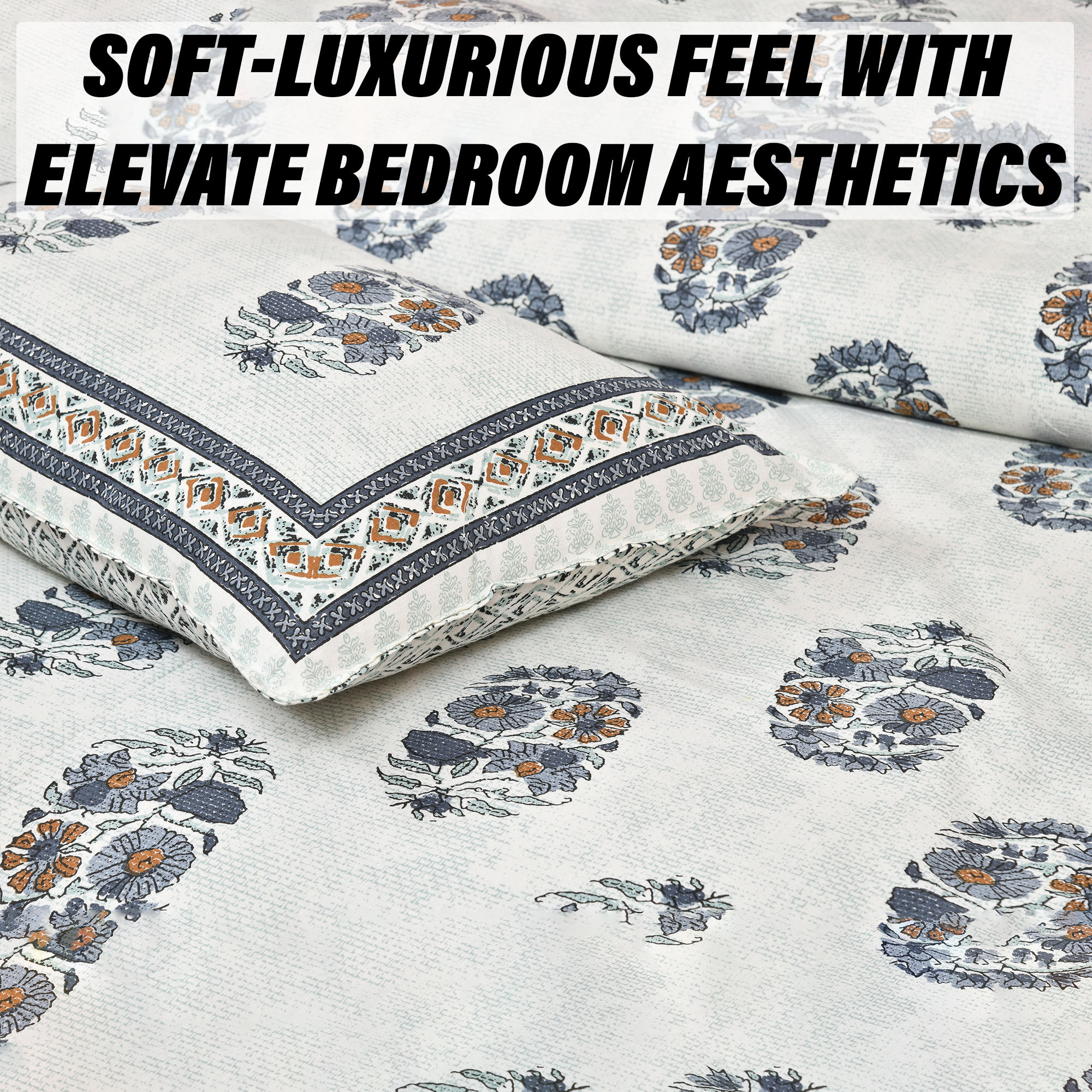 Kuber Industries Double Bedsheet with 2 Pillow Covers | 160 TC Premium Cotton Bedsheet for Double Bed | Bedsheet for Living Room-Home & Hotels | Dezier Flower Boota | 90x108 Inch | Blue