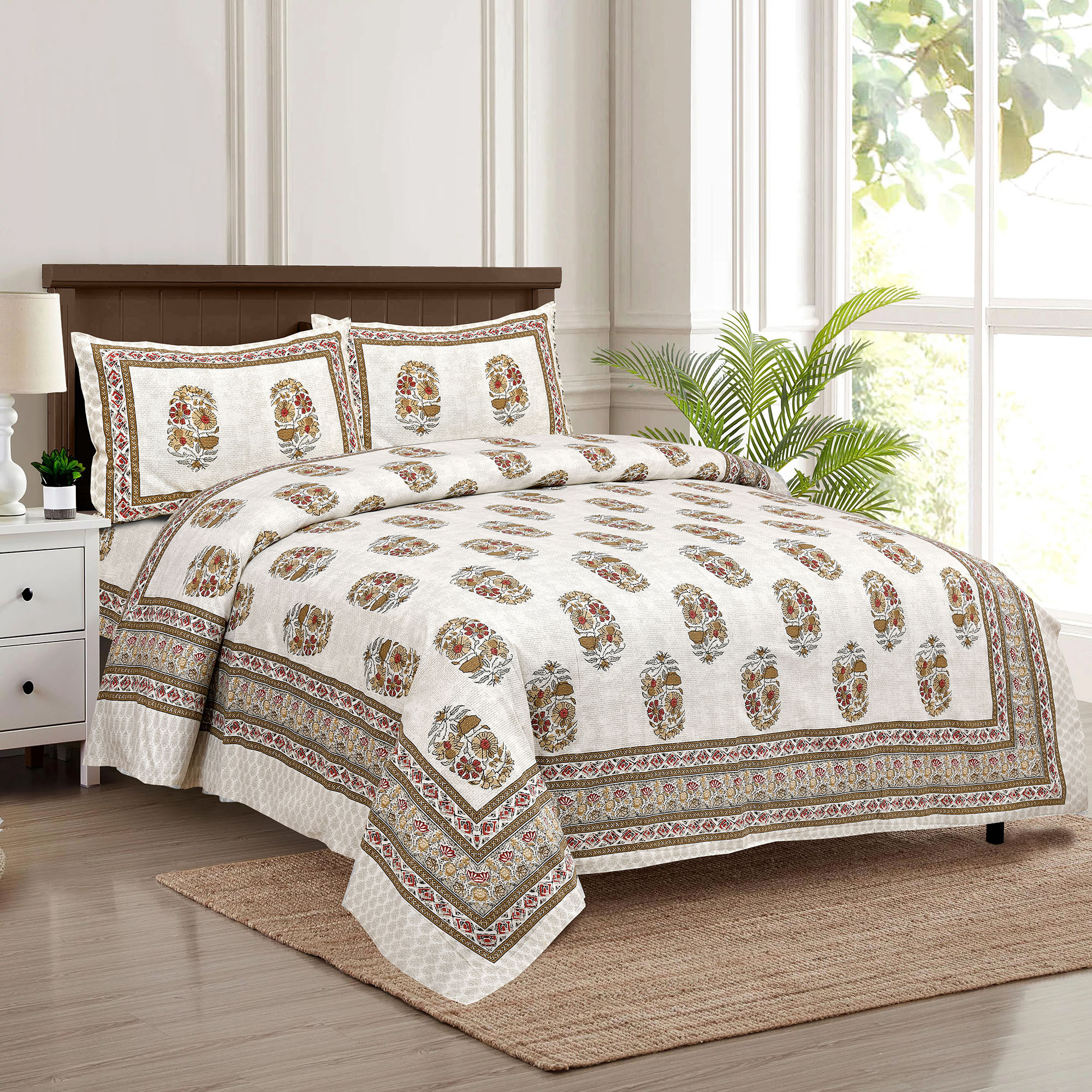 Kuber Industries Double Bedsheet with 2 Pillow Covers | 160 TC Premium Cotton Bedsheet for Double Bed | Bedsheet for Living Room-Home & Hotels | Dezier Flower Boota | 90x108 Inch | Beige