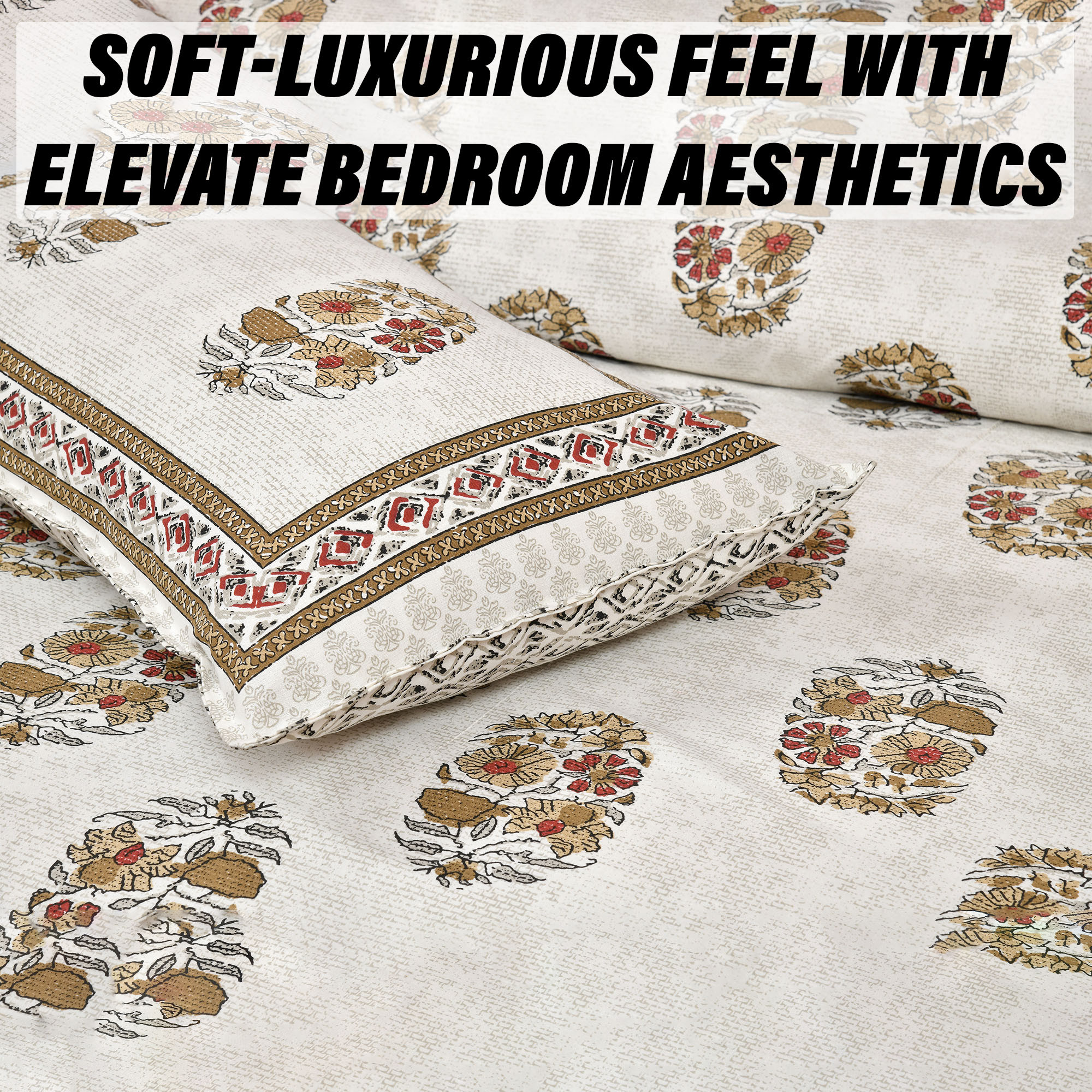 Kuber Industries Double Bedsheet with 2 Pillow Covers | 160 TC Premium Cotton Bedsheet for Double Bed | Bedsheet for Living Room-Home & Hotels | Dezier Flower Boota | 90x108 Inch | Beige