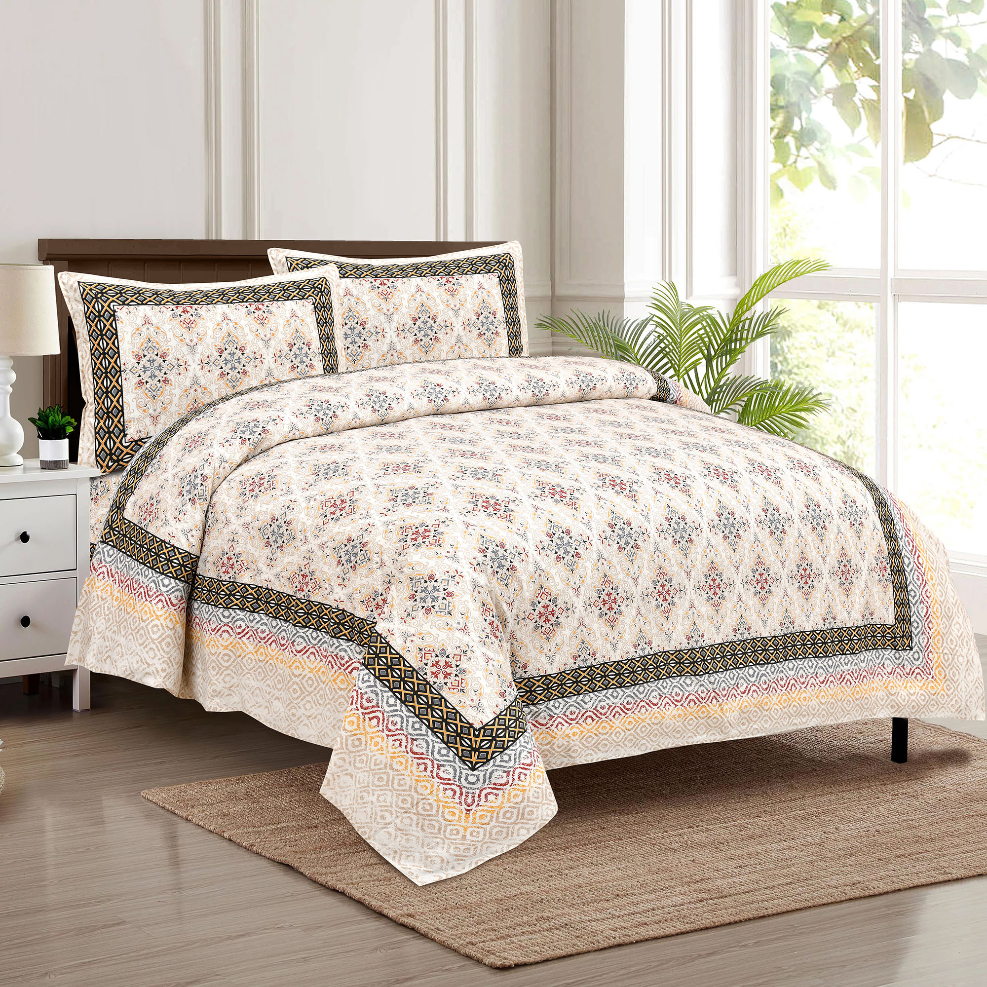Kuber Industries Double Bedsheet with 2 Pillow Covers | 160 TC Premium Cotton Bedsheet for Double Bed | Bedsheet for Living Room-Home & Hotels | Dezier Carpet Print | 90x108 Inch | Cream