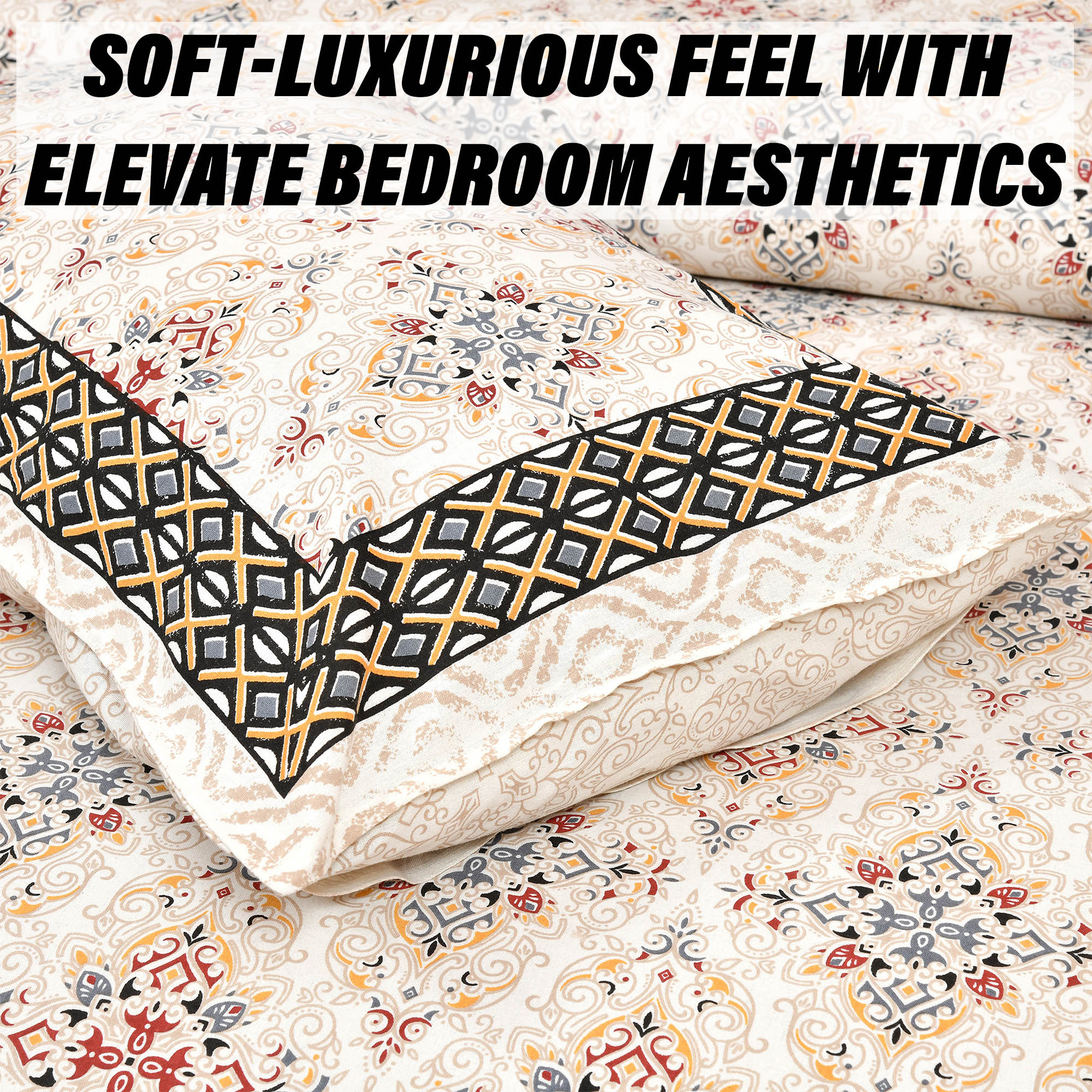Kuber Industries Double Bedsheet with 2 Pillow Covers | 160 TC Premium Cotton Bedsheet for Double Bed | Bedsheet for Living Room-Home & Hotels | Dezier Carpet Print | 90x108 Inch | Cream