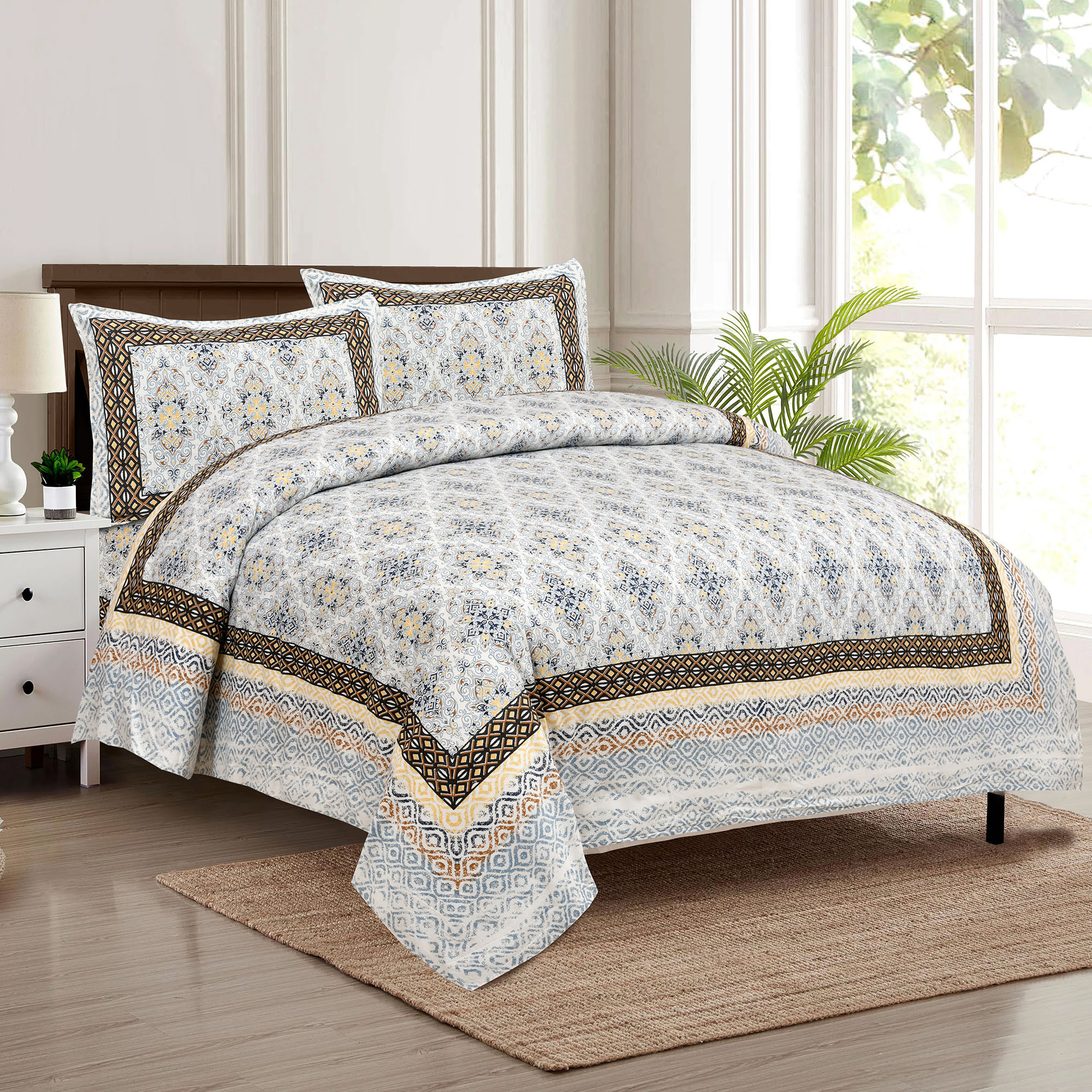 Kuber Industries Double Bedsheet with 2 Pillow Covers | 160 TC Premium Cotton Bedsheet for Double Bed | Bedsheet for Living Room-Home & Hotels | Dezier Carpet Print | 90x108 Inch | Blue