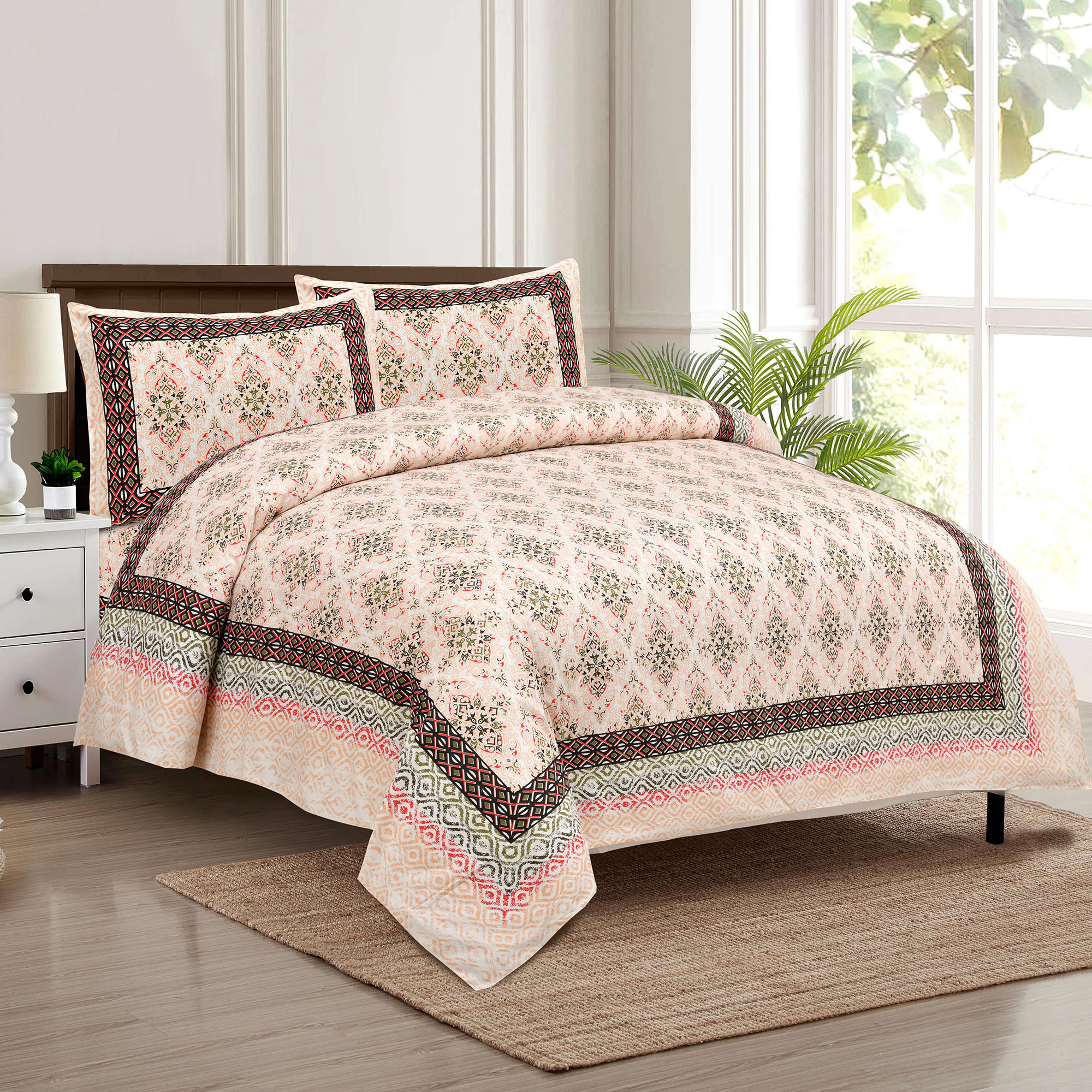 Kuber Industries Double Bedsheet with 2 Pillow Covers | 160 TC Premium Cotton Bedsheet for Double Bed | Bedsheet for Living Room-Home & Hotels | Dezier Carpet Print | 90x108 Inch | Orange