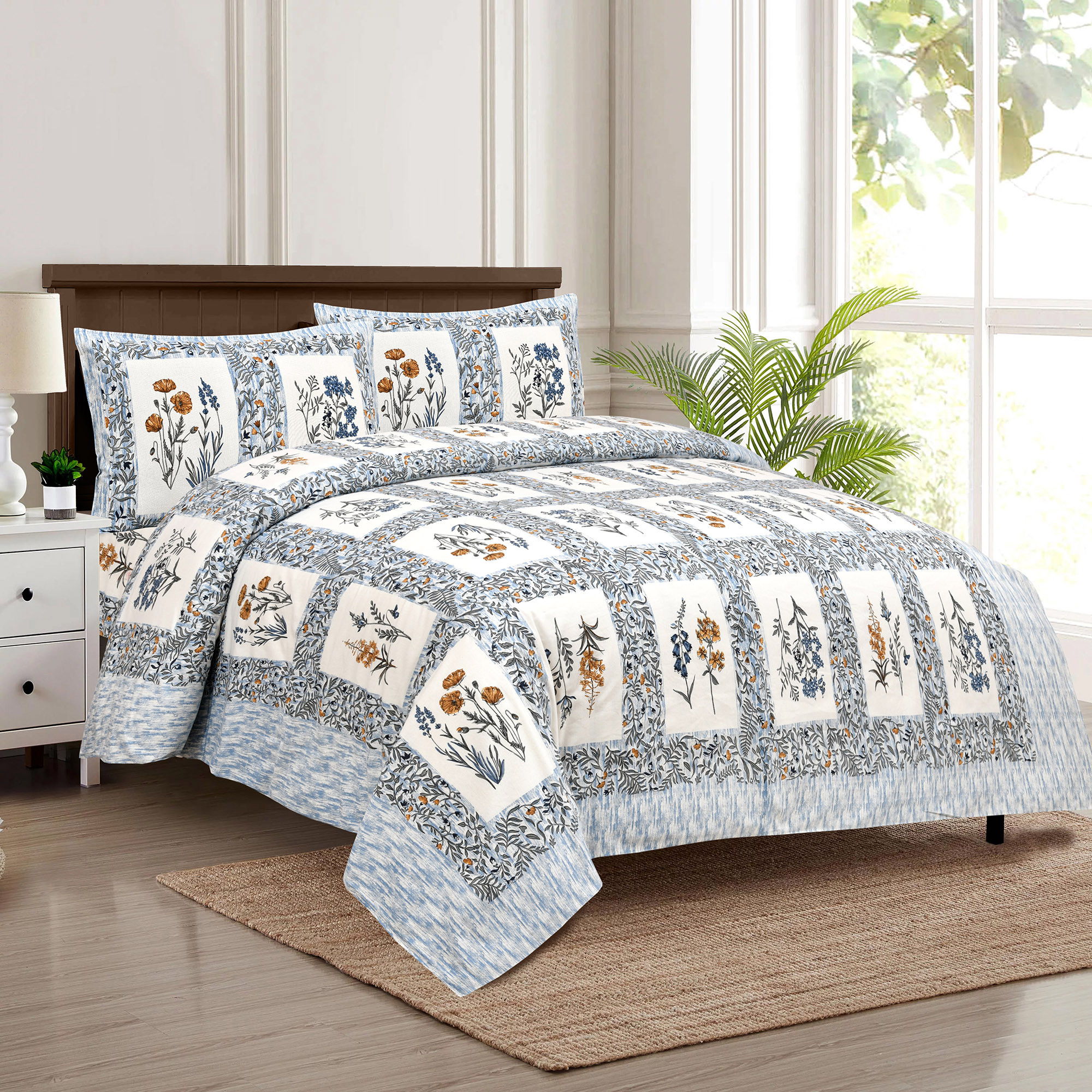 Kuber Industries Double Bedsheet with 2 Pillow Covers | 160 TC Premium Cotton Bedsheet for Double Bed | Bedsheet for Living Room-Home & Hotels | Dezier Check Flower | 90x108 Inch | Blue