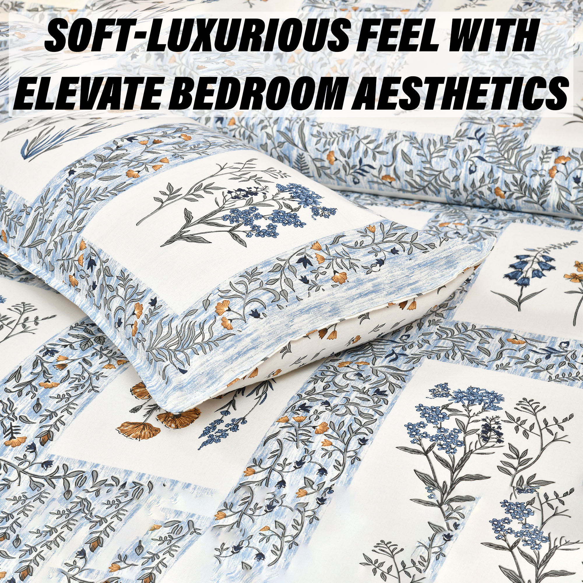 Kuber Industries Double Bedsheet with 2 Pillow Covers | 160 TC Premium Cotton Bedsheet for Double Bed | Bedsheet for Living Room-Home & Hotels | Dezier Check Flower | 90x108 Inch | Blue