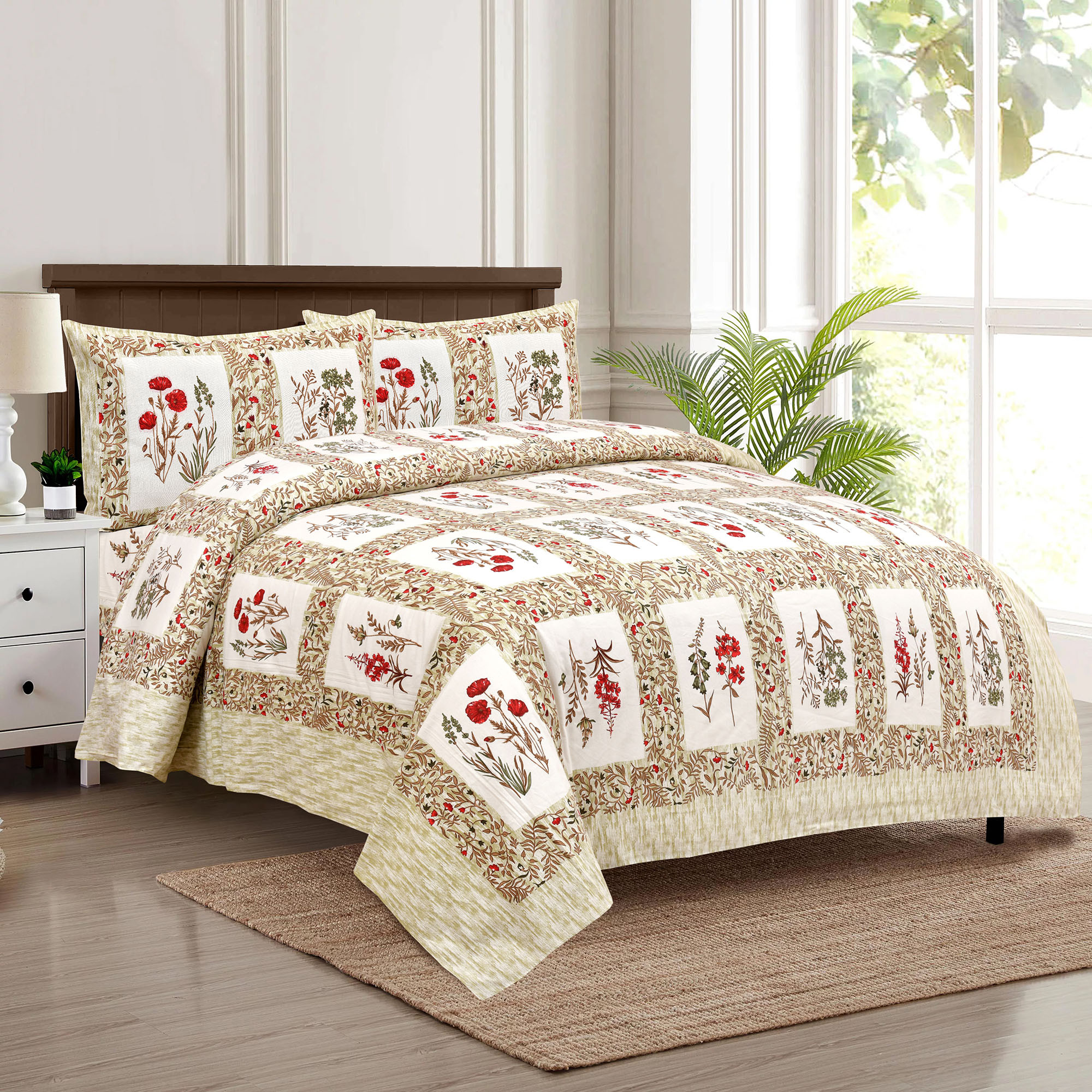 Kuber Industries Double Bedsheet with 2 Pillow Covers | 160 TC Premium Cotton Bedsheet for Double Bed | Bedsheet for Living Room-Home & Hotels | Dezier Check Flower | 90x108 Inch | Parrot Green