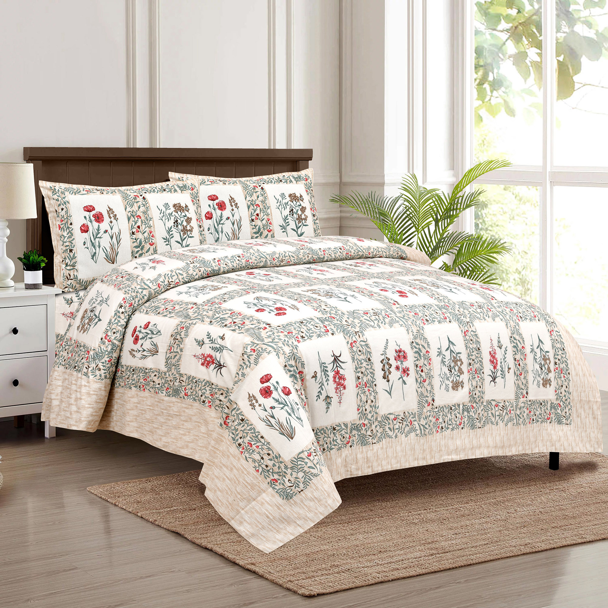 Kuber Industries Double Bedsheet with 2 Pillow Covers | 160 TC Premium Cotton Bedsheet for Double Bed | Bedsheet for Living Room-Home & Hotels | Dezier Check Flower | 90x108 Inch | Beige