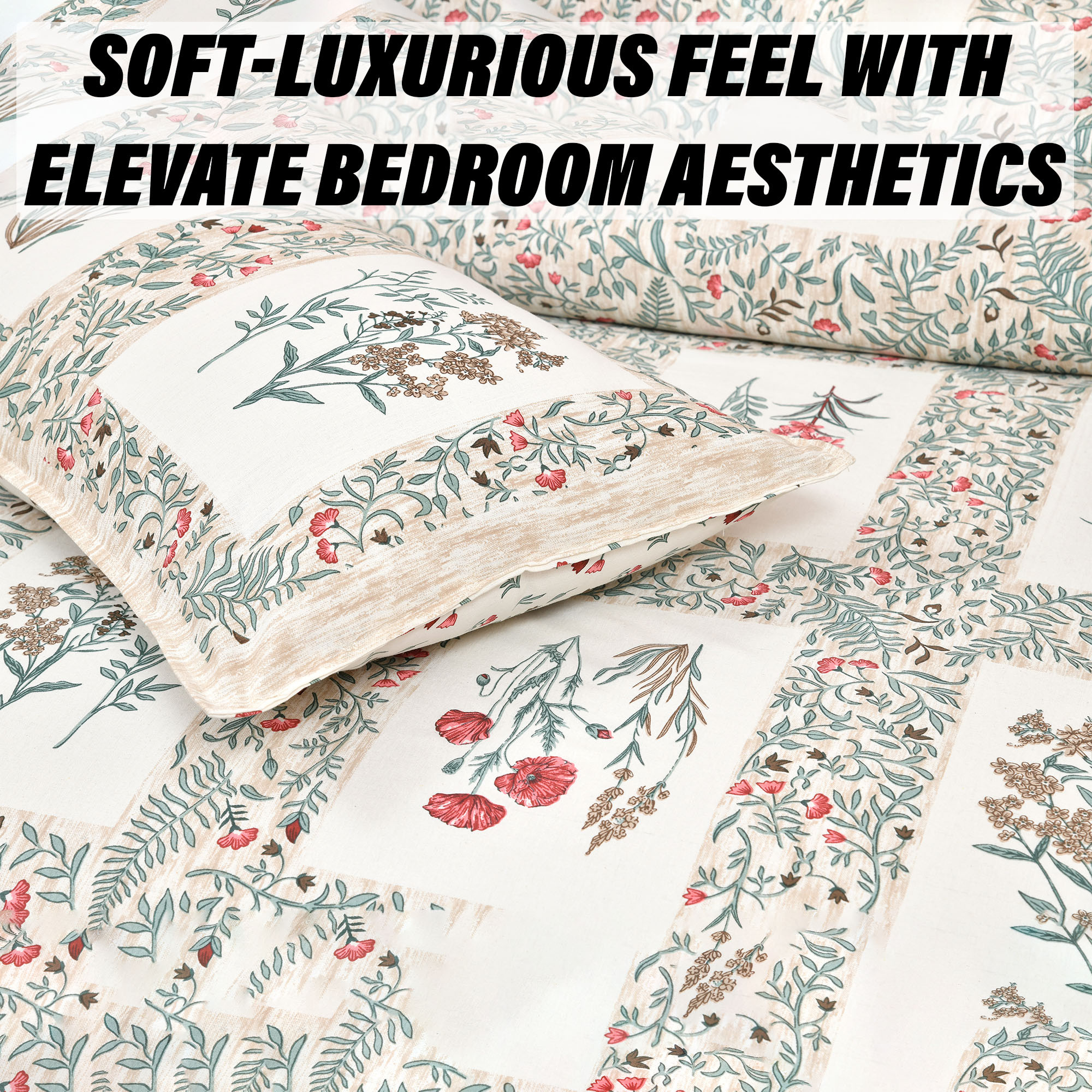 Kuber Industries Double Bedsheet with 2 Pillow Covers | 160 TC Premium Cotton Bedsheet for Double Bed | Bedsheet for Living Room-Home & Hotels | Dezier Check Flower | 90x108 Inch | Beige