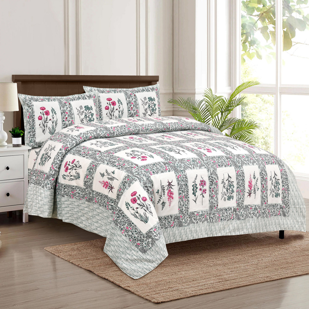 Kuber Industries Double Bedsheet with 2 Pillow Covers | 160 TC Premium Cotton Bedsheet for Double Bed | Bedsheet for Living Room-Home &amp; Hotels | Dezier Check Flower | 90x108 Inch | Mint Green