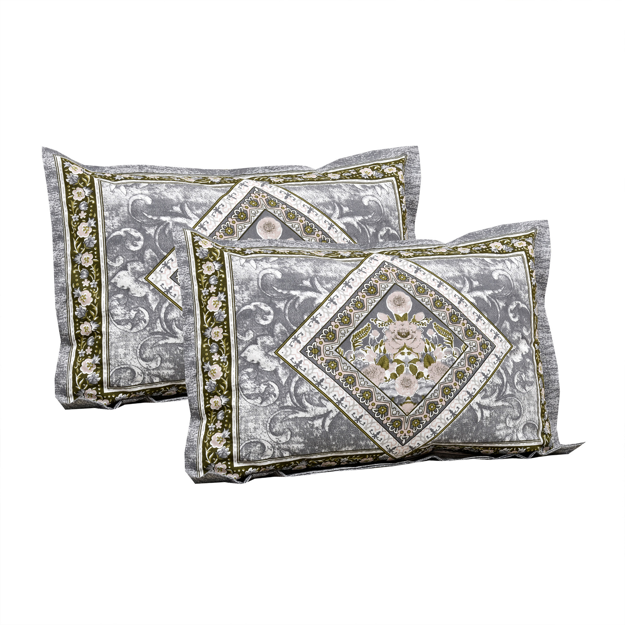 Kuber Industries Double Bedsheet with 2 Pillow Covers  186 TC Premium Cotton Bedsheet for Double Bed  Bedsheet for Living Room-Home  Hotels  Arabic Beauty Flower Square  100x108 Inch  Gray