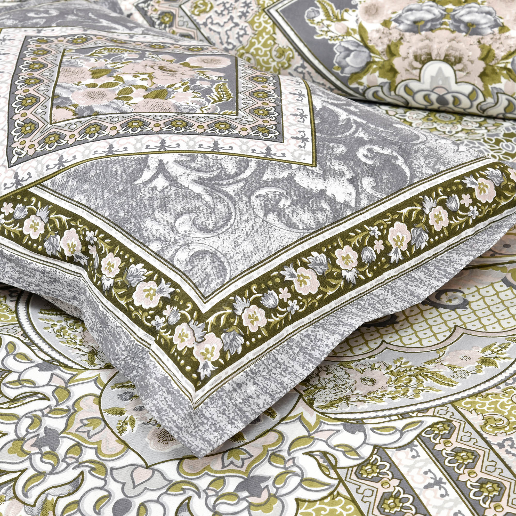 Kuber Industries Double Bedsheet with 2 Pillow Covers  186 TC Premium Cotton Bedsheet for Double Bed  Bedsheet for Living Room-Home  Hotels  Arabic Beauty Flower Square  100x108 Inch  Gray