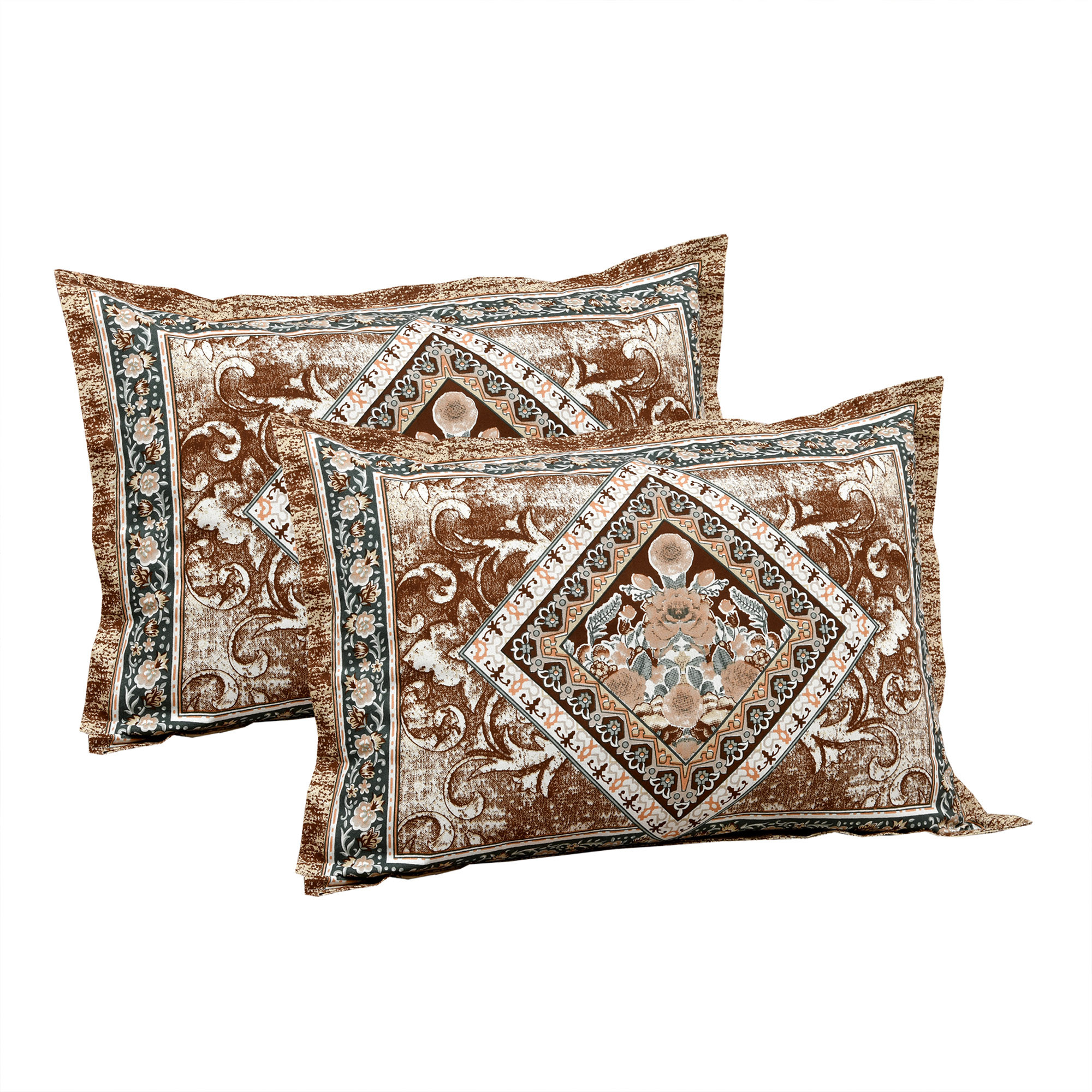 Kuber Industries Double Bedsheet with 2 Pillow Covers  186 TC Premium Cotton Bedsheet for Double Bed  Bedsheet for Living Room-Home  Hotels  Arabic Beauty Flower Square  100x108 Inch  Brown